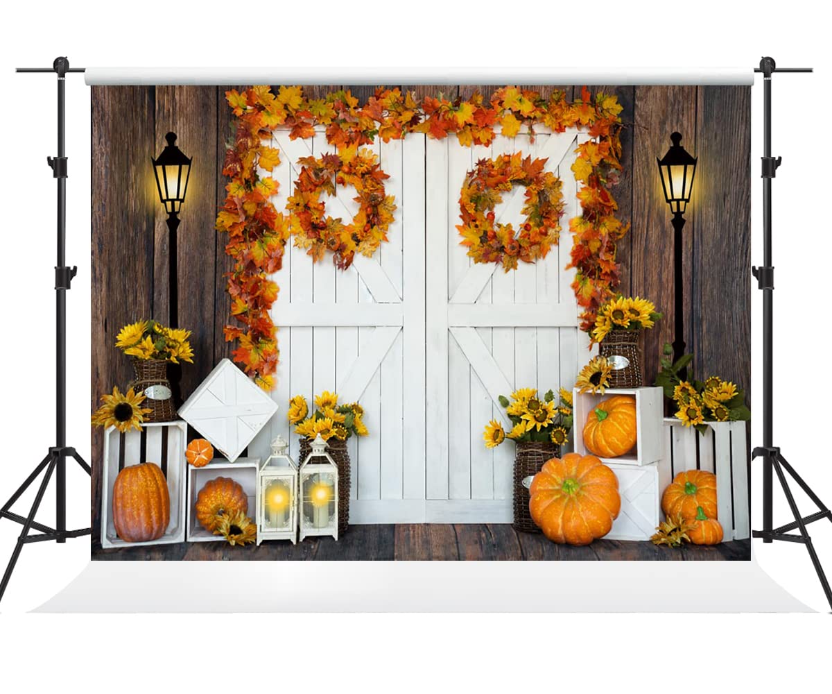 7x5ft Thanksgiving Photo Backdrop - Wood Floor & White Door Fall Decor with Pumpkins, Barn, Maple Leaves & Sunflowers | Holiday Party Background, Studio Booth Decor, Family Photo Shoot, Social Media Content Creation