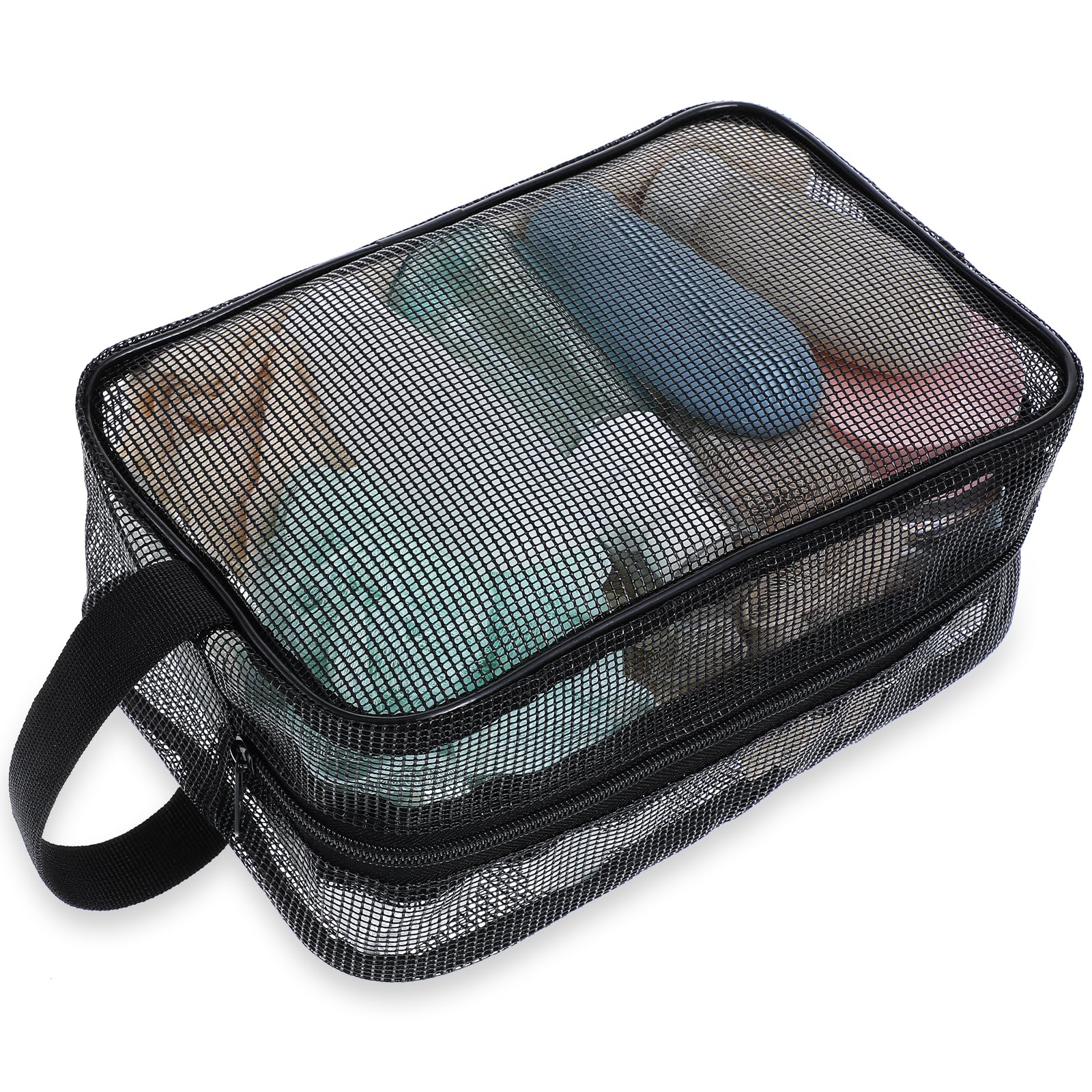 Portable Mesh Shower Caddy - Quick-Dry Toiletry Travel Bag for Gym, Camping, College Dorm & Bathroom Organization - Black Waterproof Shower Organizer with Hanging Hook (Ideal for Travel, Outdoor Adventures & Small Space Storage)