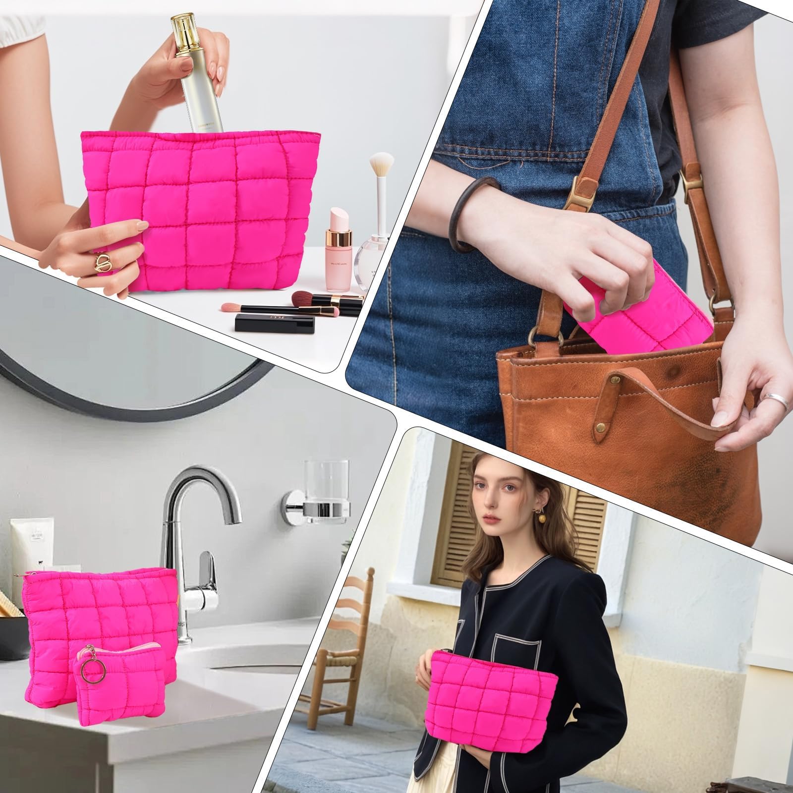 LYDZTION Quilted Makeup Bag Set of 2 - Rose Red Checkered Cosmetic Organizer for Women | Travel Toiletry Pouch with Zipper | Perfect for Skincare, Makeup Storage & Gift Giving