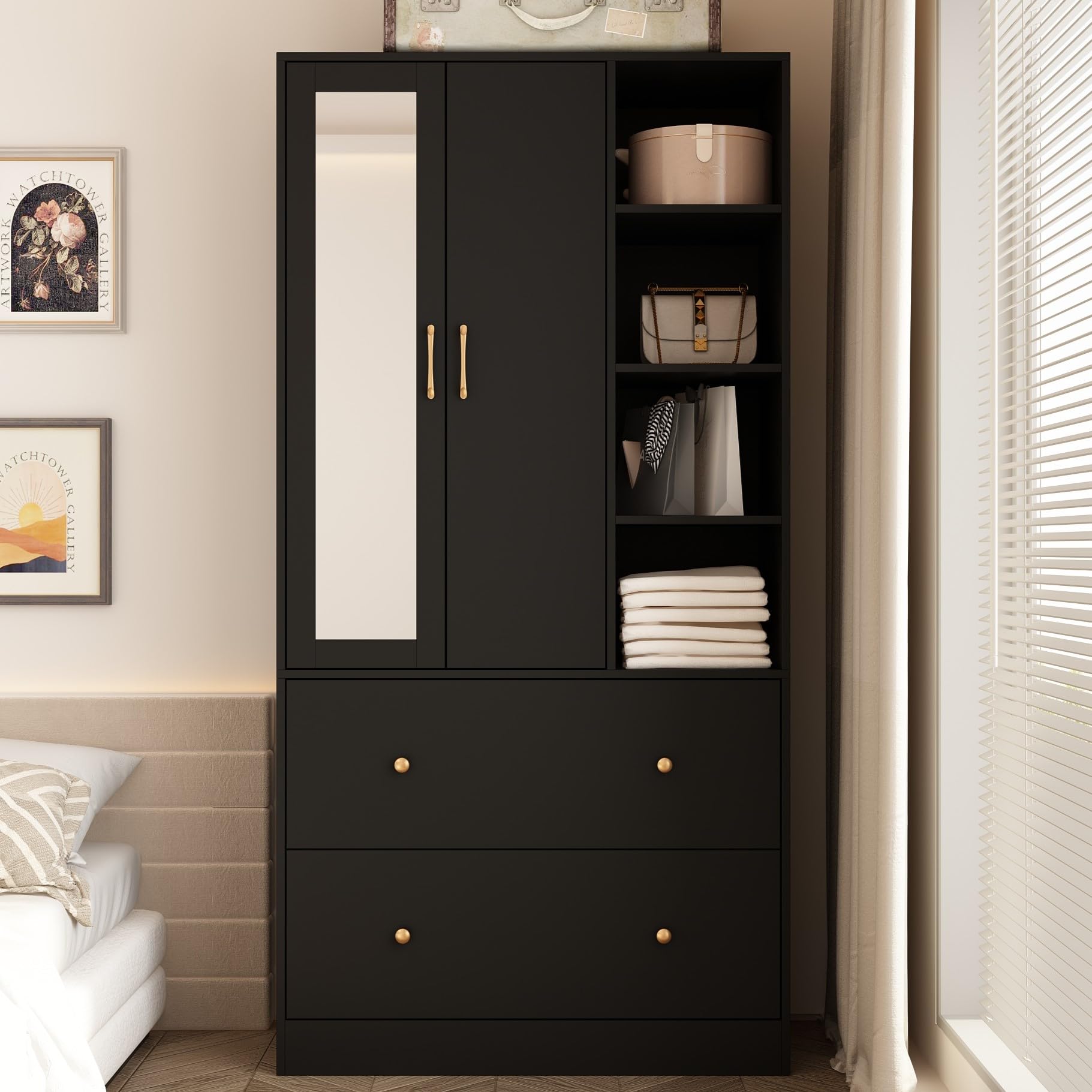 Hitow 2 Door Wooden Wardrobe Armoire with Mirror - 35.5