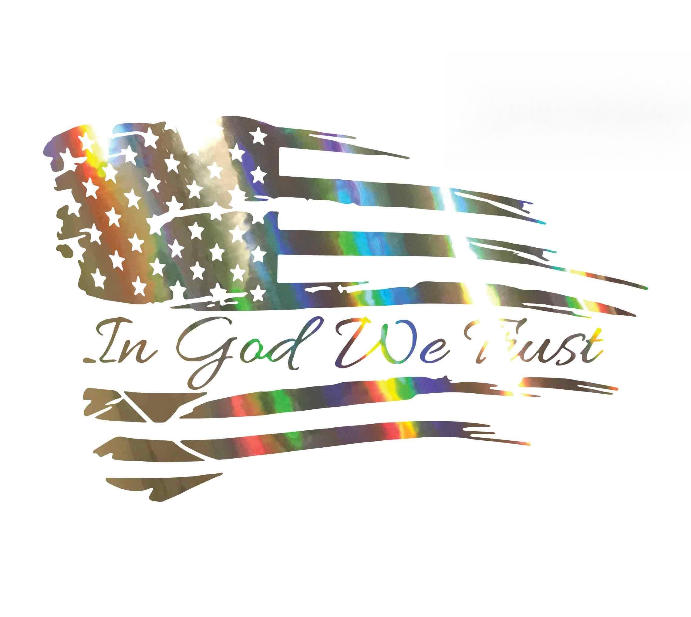 Distressed USA Flag Vinyl Car Window Decal - 'In God We Trust' Patriotic Sticker (Silver Oil Slick) for Trucks, SUVs & Vehicles - Perfect for American Pride & Auto Decoration