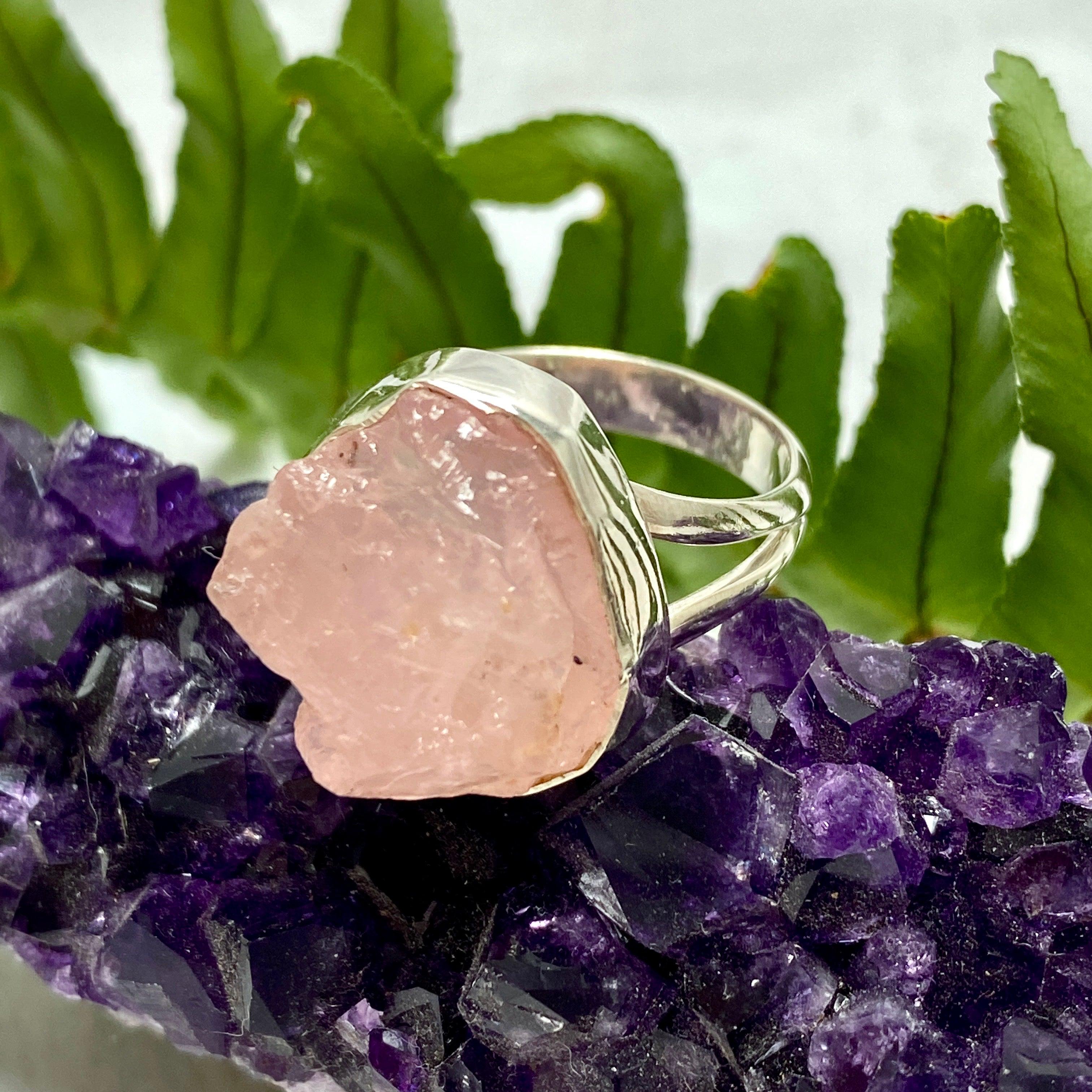 Natural Rose Quartz Raw Stone Ring - Size 9.5 - KRGJ2013 - Healing Crystal Jewelry for Meditation, Energy Balancing & Spiritual Gifts
