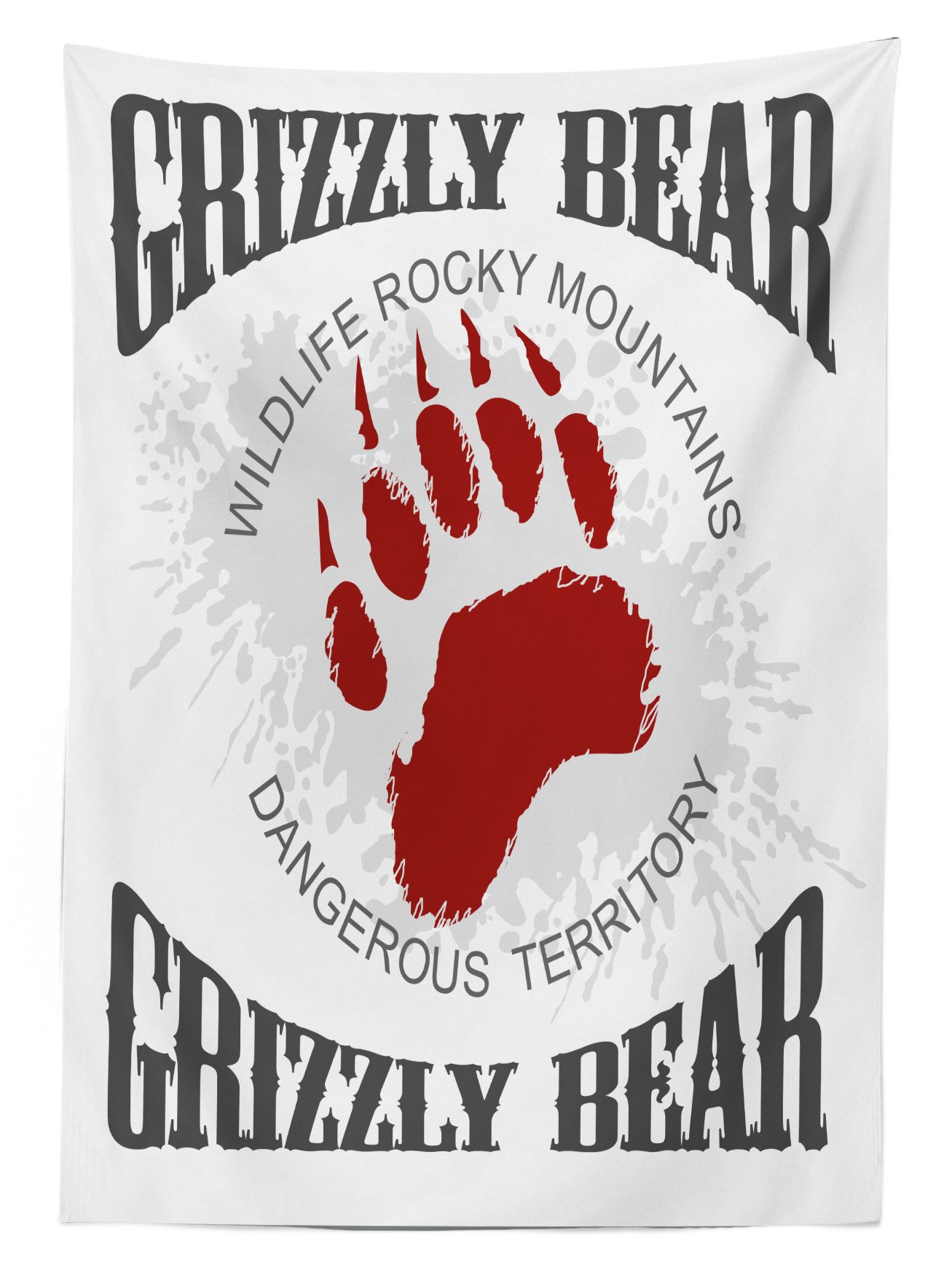 Grizzly Bear Print Washable Outdoor Tablecloth - 58x120 Inch Grunge Wildlife Picnic Table Cover for Cabin, Camping & BBQ - Grey Red White Decorative Durable Fabric