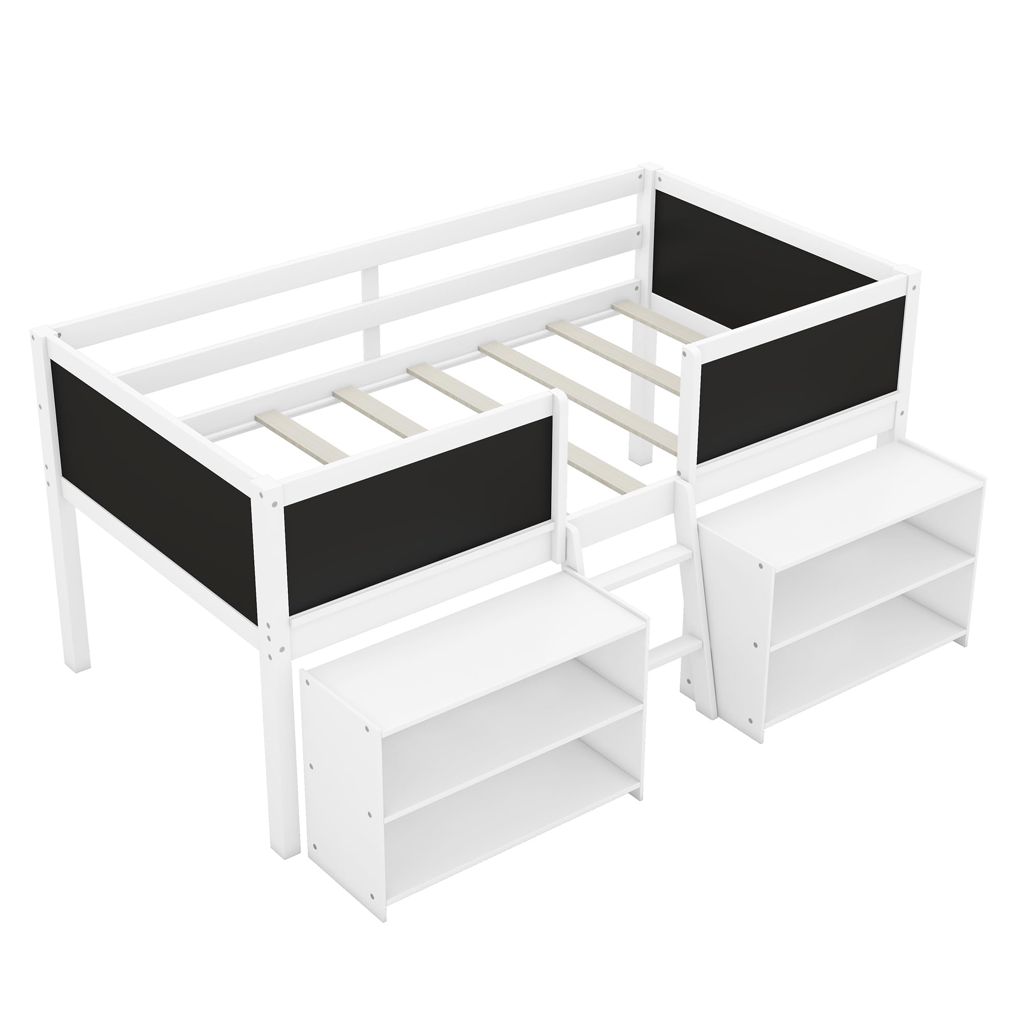 Modern Farmhouse Twin Loft Bed with Storage Shelves & Chalkboard - Space-Saving Kids Bed Frame for Boys & Girls - White - Perfect for Small Bedrooms, Dorm Rooms & Playrooms