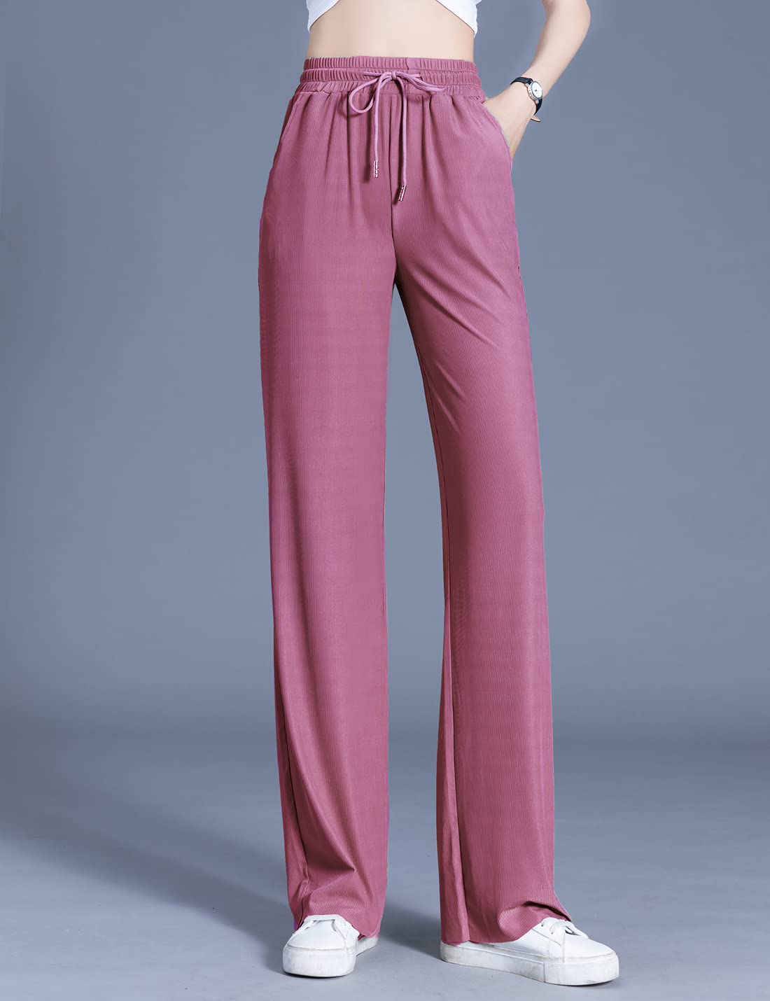 Snoly Women's High Waist Wide Leg Summer Casual Pants - Ice Silk Sweatpants for Women, Full Length Comfortable Lounge Pants for Yoga, Travel & Everyday Wear