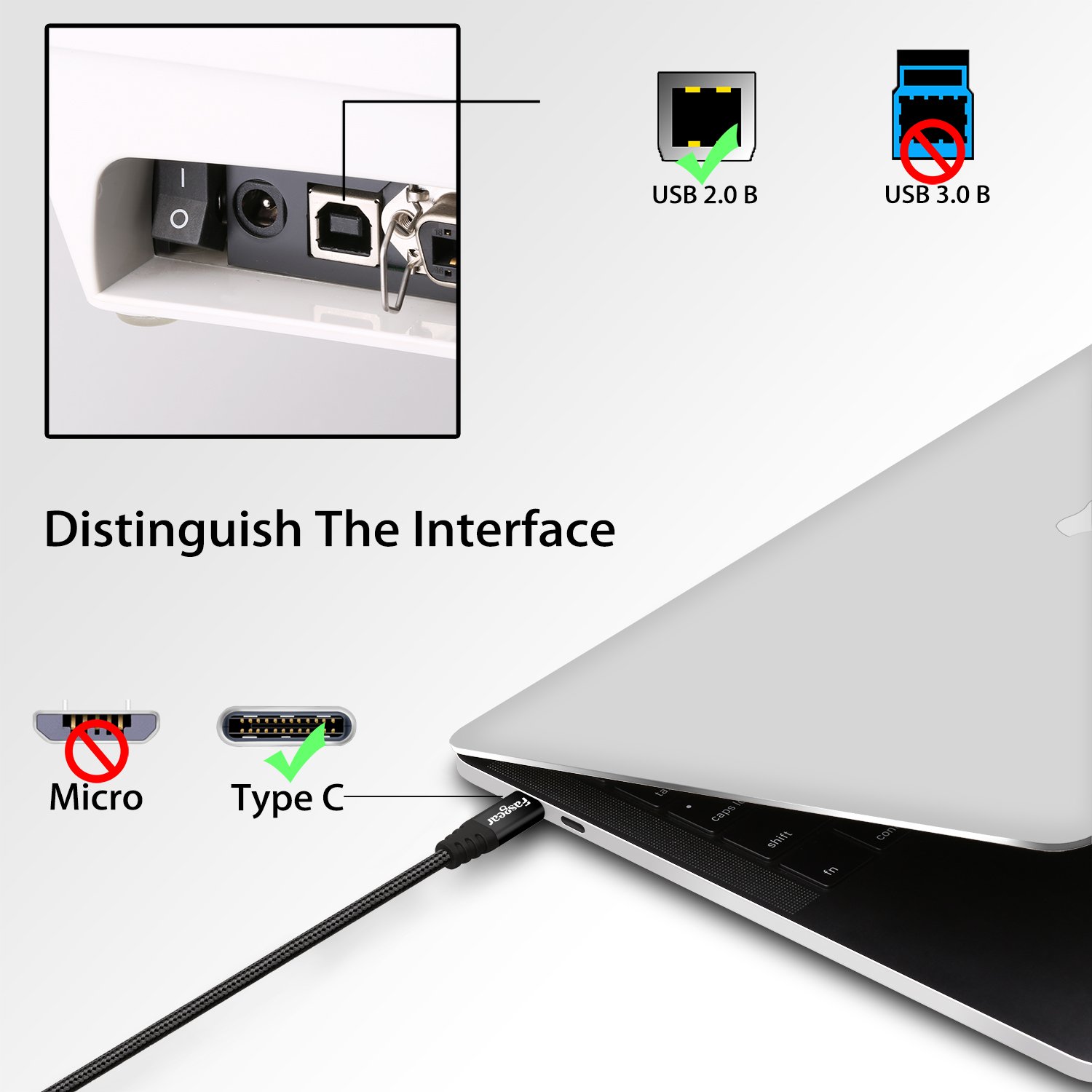 Fasgear 6ft Braided USB B to USB C 2.0 Printer Cable | Compatible with MacBook Pro/Air, Canon & Samsung Printers | Type C MIDI Cable for Yamaha, Casio Digital Pianos & DJ Controllers | Fast Charging & Data Sync for Home & Office Use
