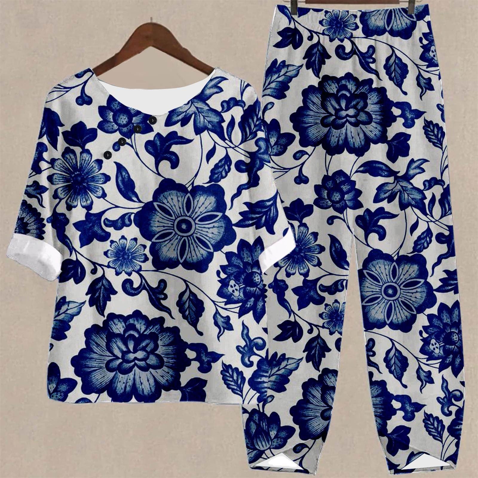 2024 Women's Plus Size Floral Print Lounge Set - Elastic Waist Button Up Top & Pants Two Piece Outfit (N, XL) | Comfortable Loungewear for Relaxing at Home, Yoga & Casual Wear