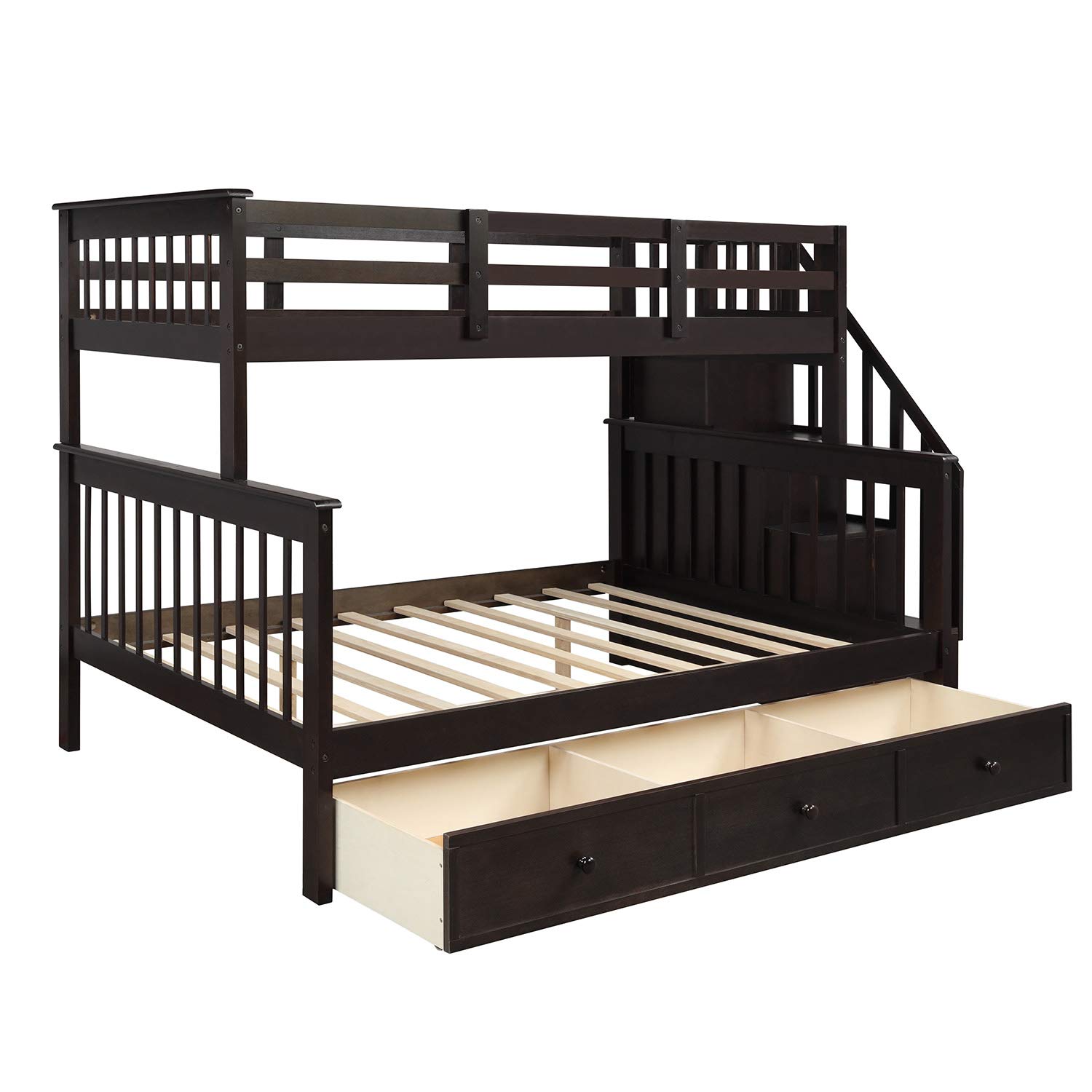 Twin Over Full Bunk Bed with Stairs & Storage - Wooden Frame for Kids Teens - Perfect for Small Bedrooms & Shared Spaces