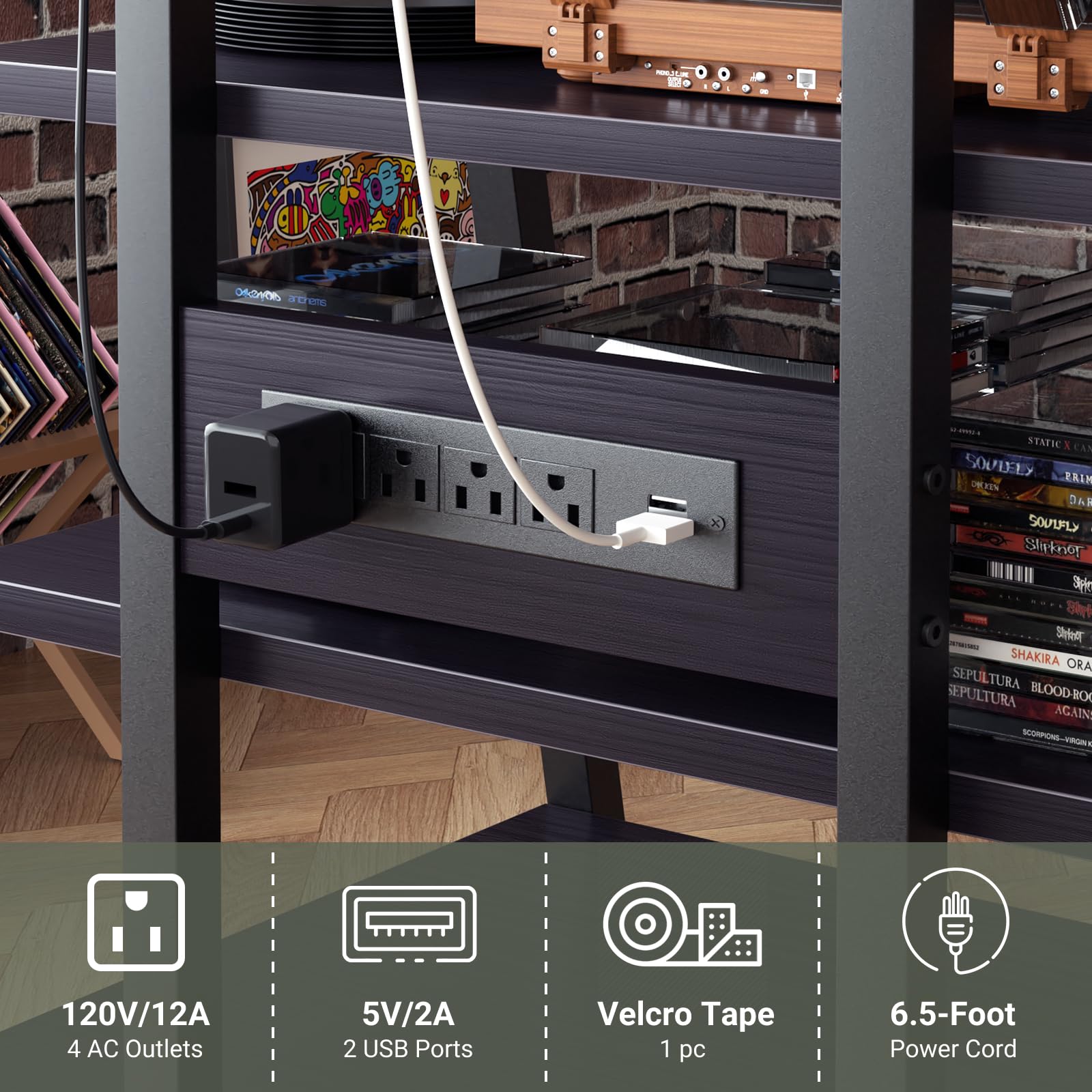 AV Media Stand with Power Outlets & LED Lights - Black Entertainment Center with Storage Shelves for TV, Stereo & Audio Equipment - Perfect for Living Room, Home Theater & Gaming Setup