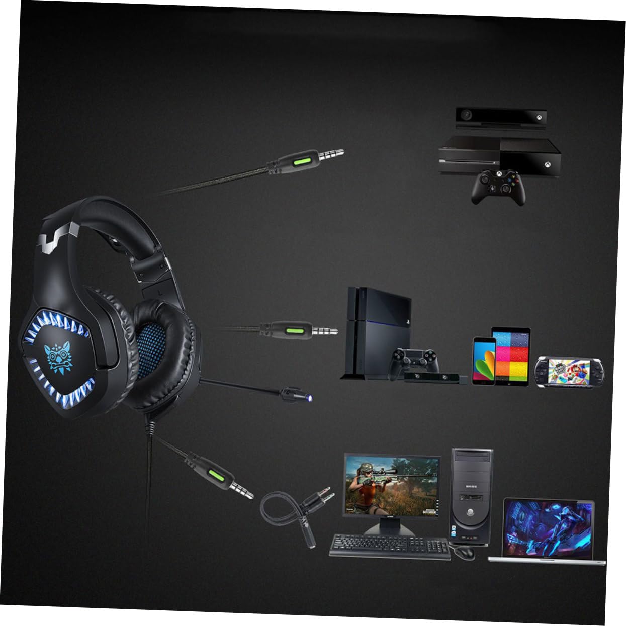 Jojofuny 2-Piece LED Gaming Headphones with Noise Isolating Mic - Soft Ear Cushions for PC, Laptop, Mobile (Black/Blue) - Perfect for Esports, Streaming & Late-Night Gaming Sessions