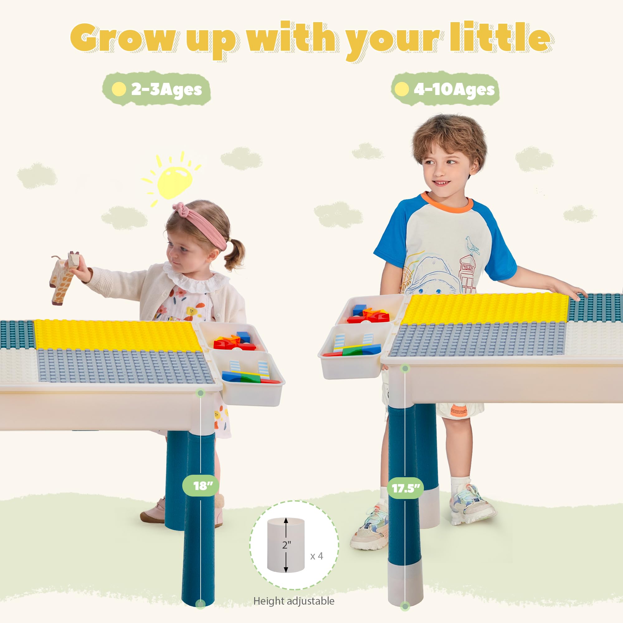 Sandinrayli 7-in-1 Kids Activity Table Set with 2 Chairs & 100Pcs Large Building Blocks - Compatible with Classic Blocks, Water & Sand Play Table, Toddler Learning & Play Center (Macaron) - Perfect for Preschool Classroom, Daycare Centers & Home Playroom Educational Toys