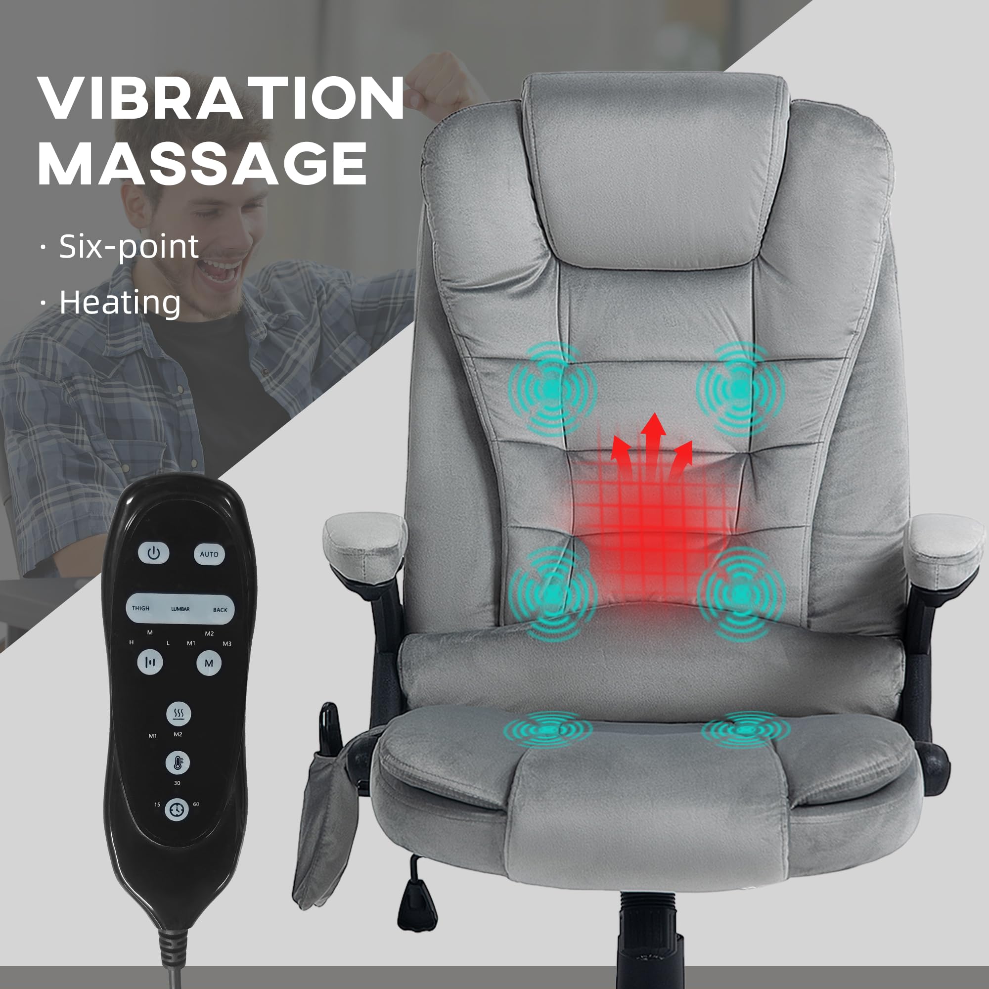 HOMCOM 6-Point Vibrating Massage Office Chair with Heating - High Back Executive Chair, Reclining Backrest, Padded Armrests & Remote Control - Gray - Perfect for Home Office, Gaming & Relaxation
