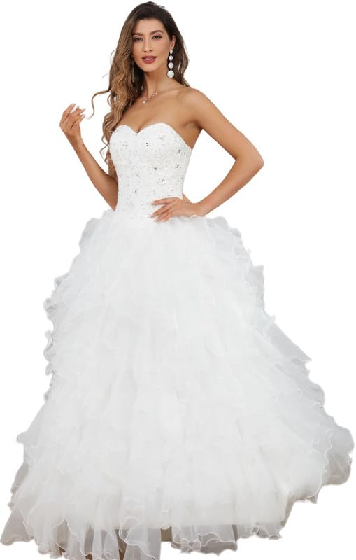 Elegant Women's Lace Wedding Dress with Organza Ruffles - Romantic Bridal Gown for Bride - Perfect for Church Ceremonies, Beach Weddings & Formal Receptions