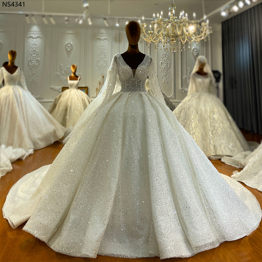 Elegant Long Beaded Lace Sleeves Wedding Dress for Bride - Perfect for Bridal Ceremony, Formal Events & Photoshoots