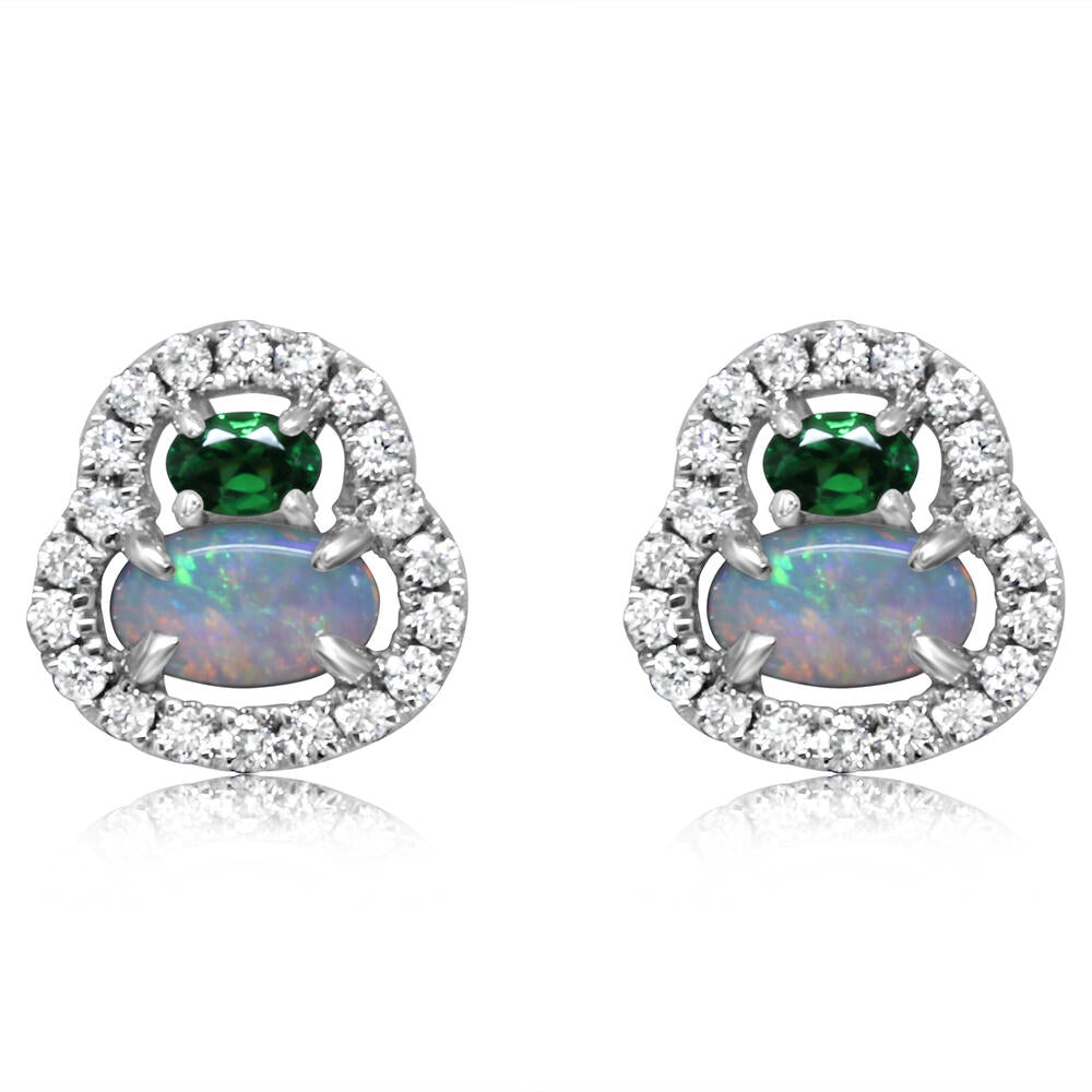 14K Gold Australian Opal Stud Earrings with Tsavorite Garnet - Elegant Birthstone Jewelry for Women, Gift for Her, Perfect for Weddings & Special Occasions