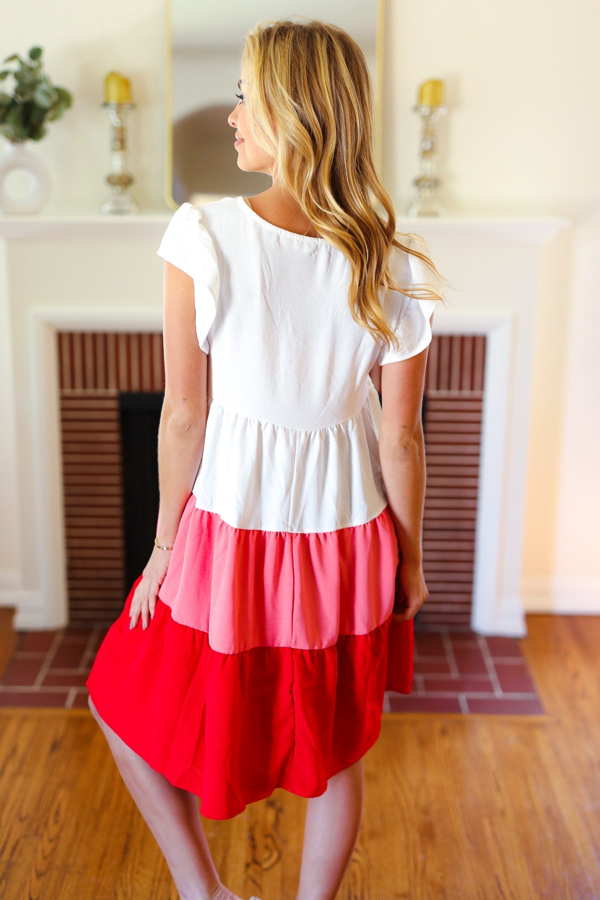 Peach & Cherry Red Tiered Frill Sleeve Midi Dress - Elegant Summer Party & Wedding Guest Outfit