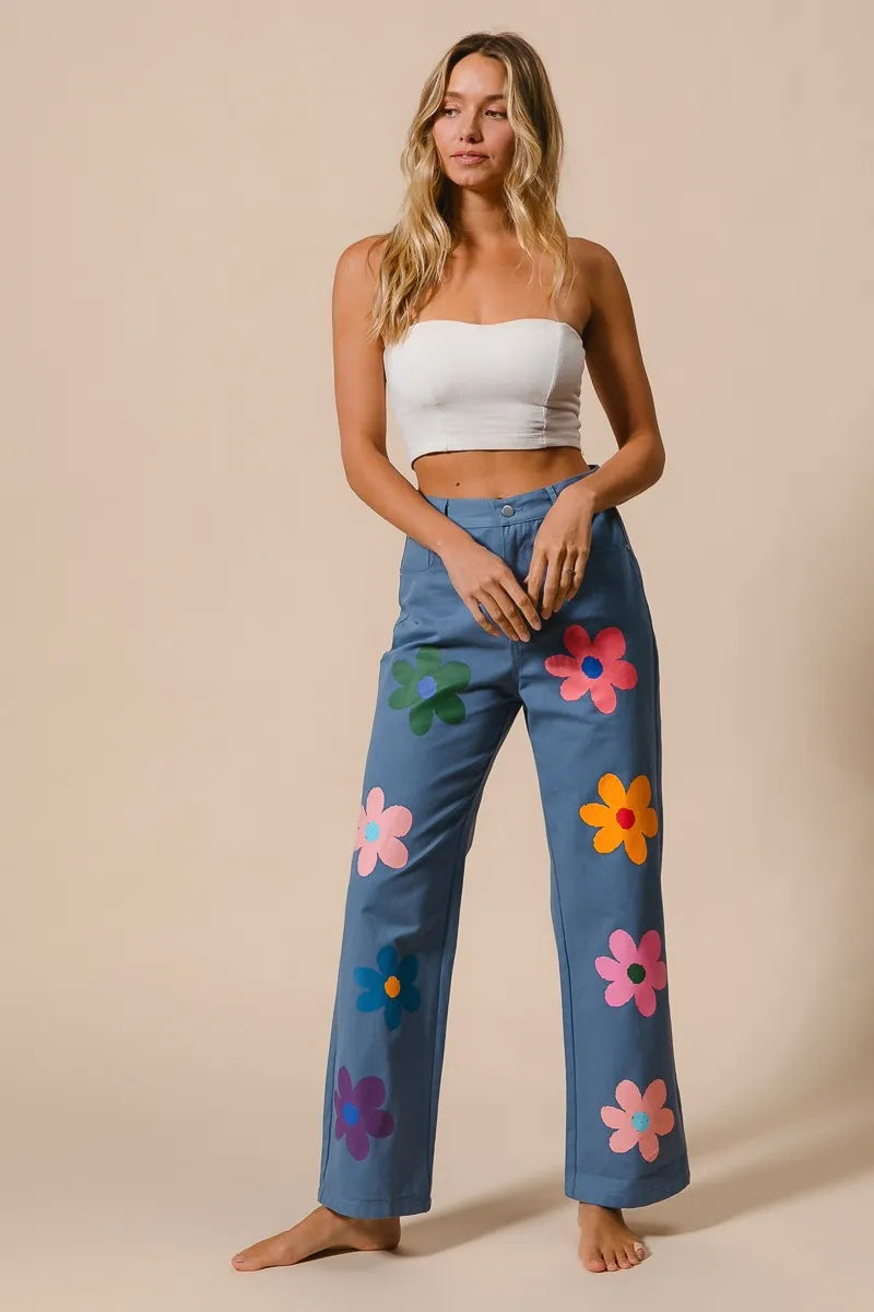 BiBi Floral Print Straight Leg Pants for Women - Casual & Comfortable Trousers for Everyday Wear, Office, and Outings