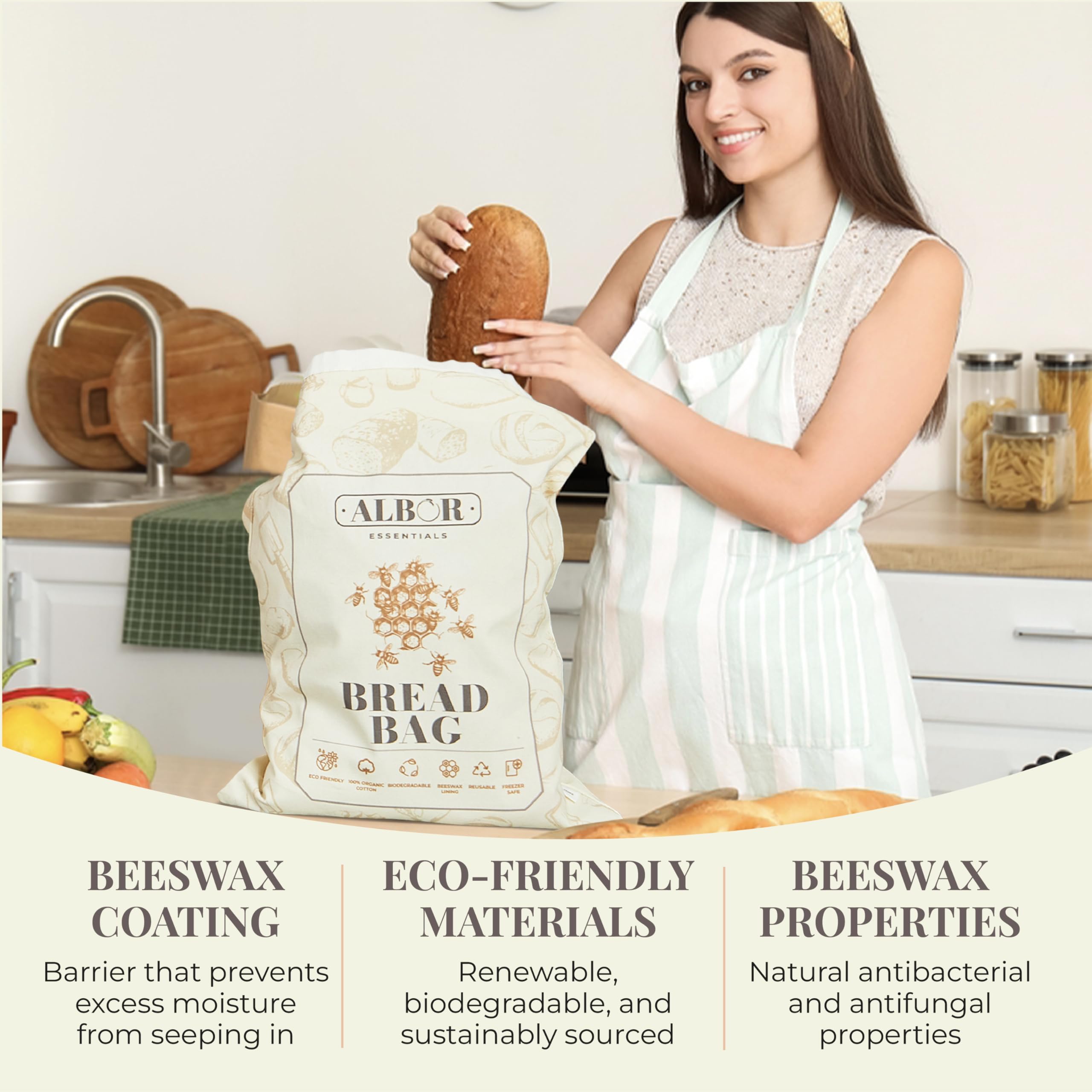 2 Pack Reusable Cotton Beeswax Bread Bags for Homemade Sourdough Storage - XL Eco-Friendly Food Wraps for Bread, Baguettes & Pastries - Perfect for Baking, Picnics & Zero Waste Kitchens