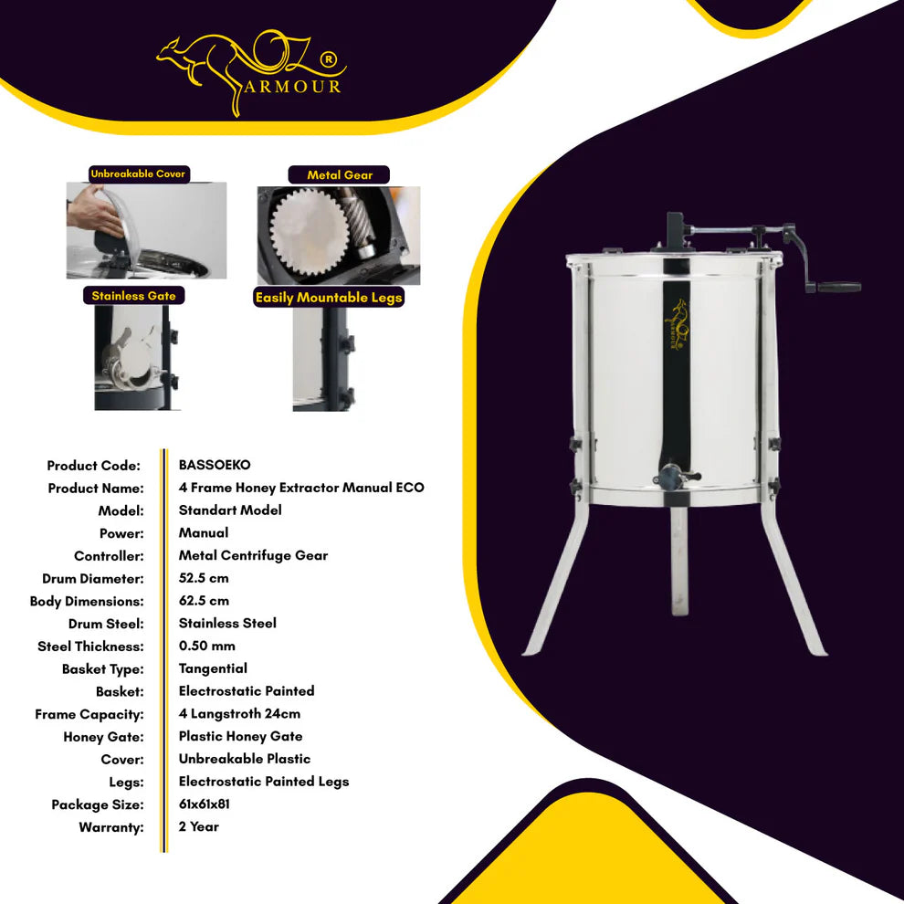 OZ ARMOUR 4 Frames Manual Honey Extractor - Stainless Steel Beekeeping Equipment for Home Harvesting, Perfect for Small Apiaries & DIY Honey Production
