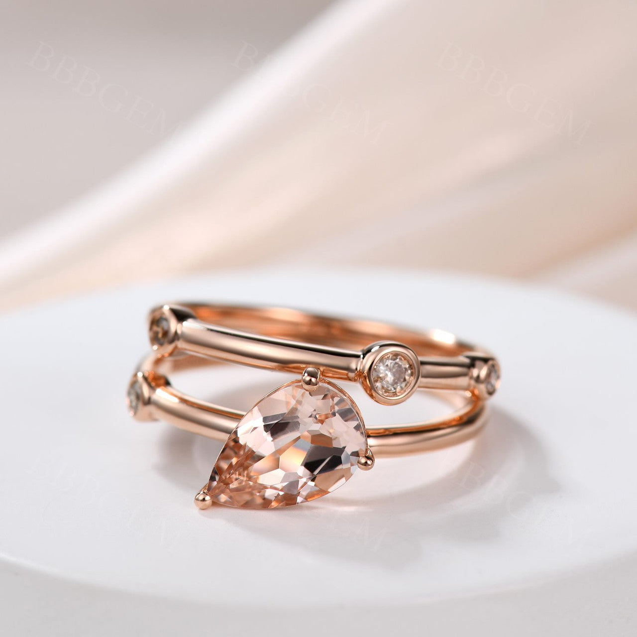 6x9mm Pear Shaped Morganite Engagement Ring Set with Coffee Diamond Accents - Perfect for Wedding Proposals, Anniversary Gifts & Special Occasions
