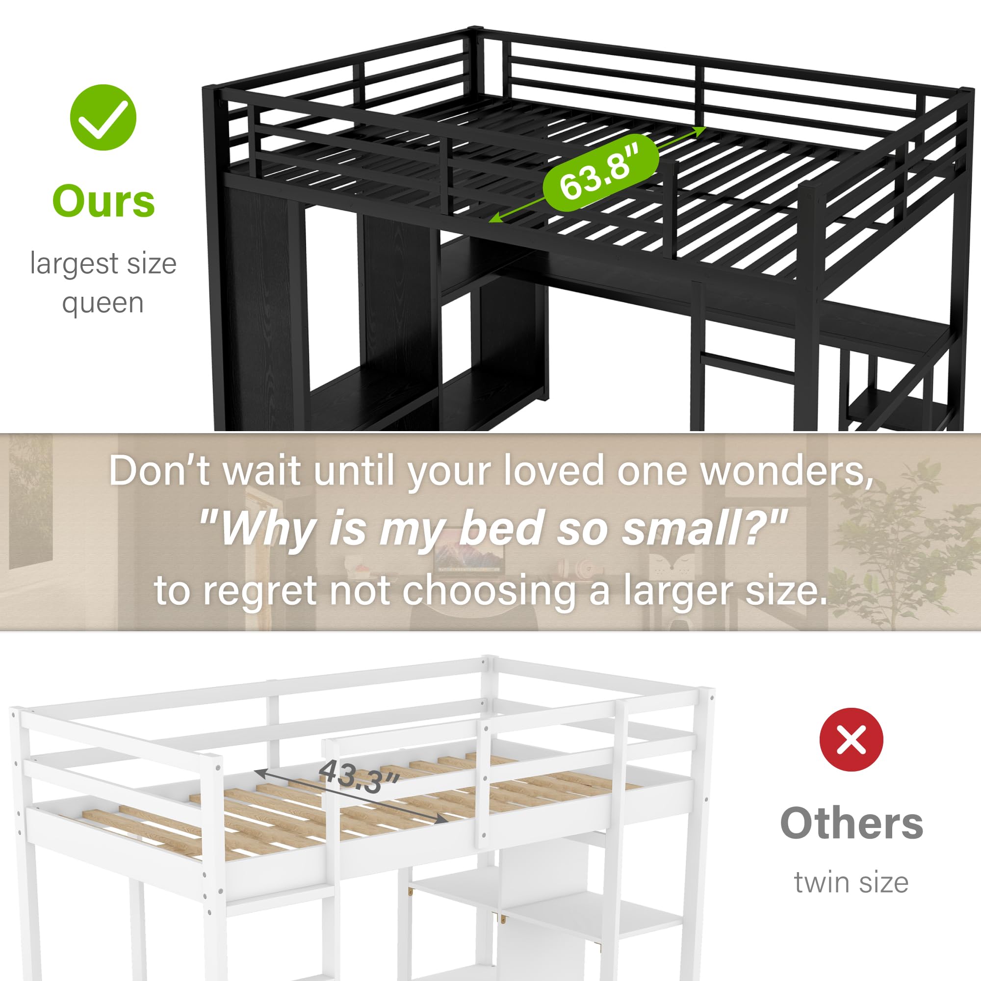 Queen Metal Loft Bed with Desk & Wardrobe - Heavy Duty Space-Saving Bed Frame with 6 Storage Shelves, Ladder & High Safety Guardrails | Sturdy Squeak-Free Design, No Box Spring Required in Polar Black | Perfect for Small Apartments, Dorms & Kids' Rooms