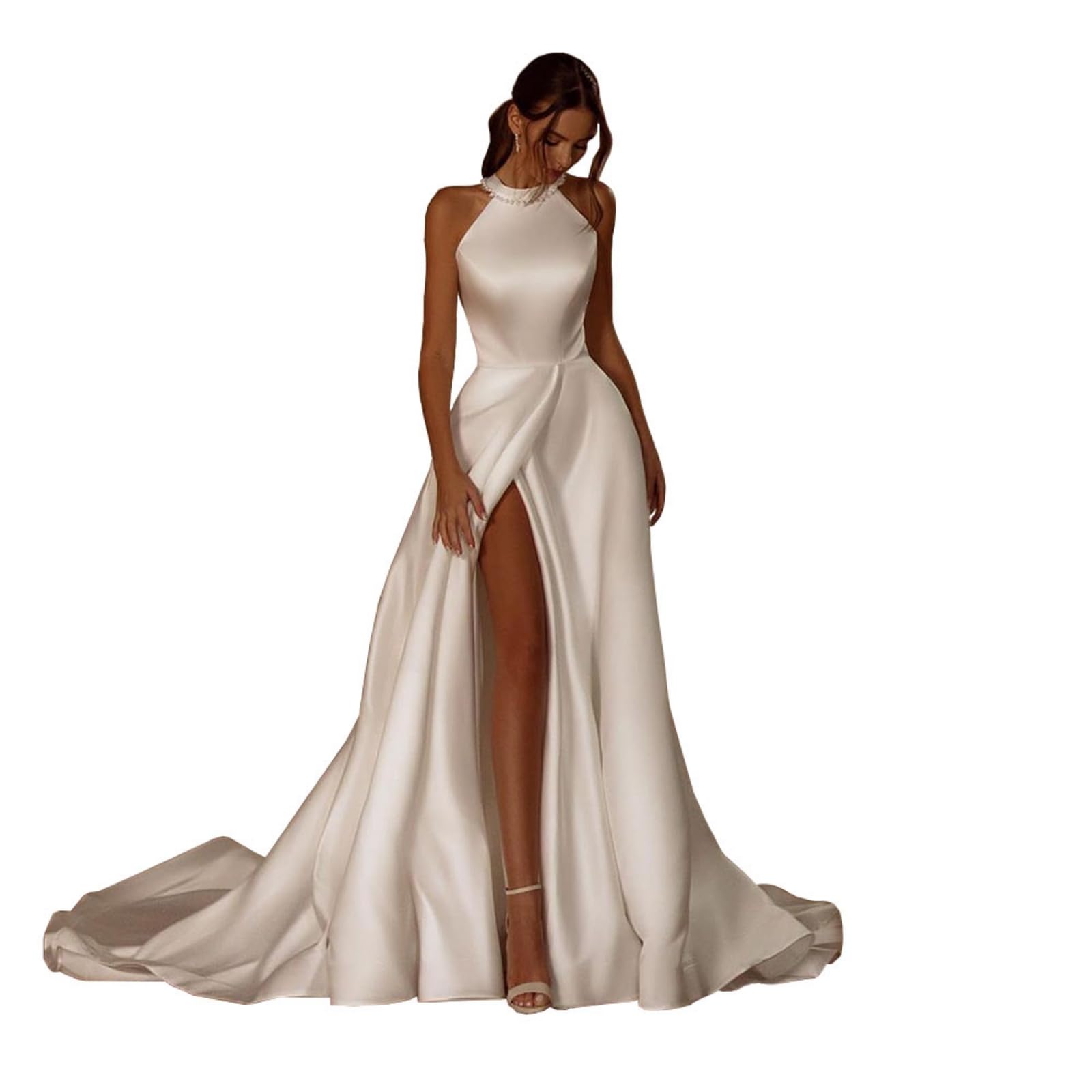 Elegant Halter Neck Satin Wedding Dress for Bride - Bodycon Mermaid Gown with Side Slit & Bow Detail | Perfect for Bridal Shower, Prom, Evening Gala & Formal Occasions