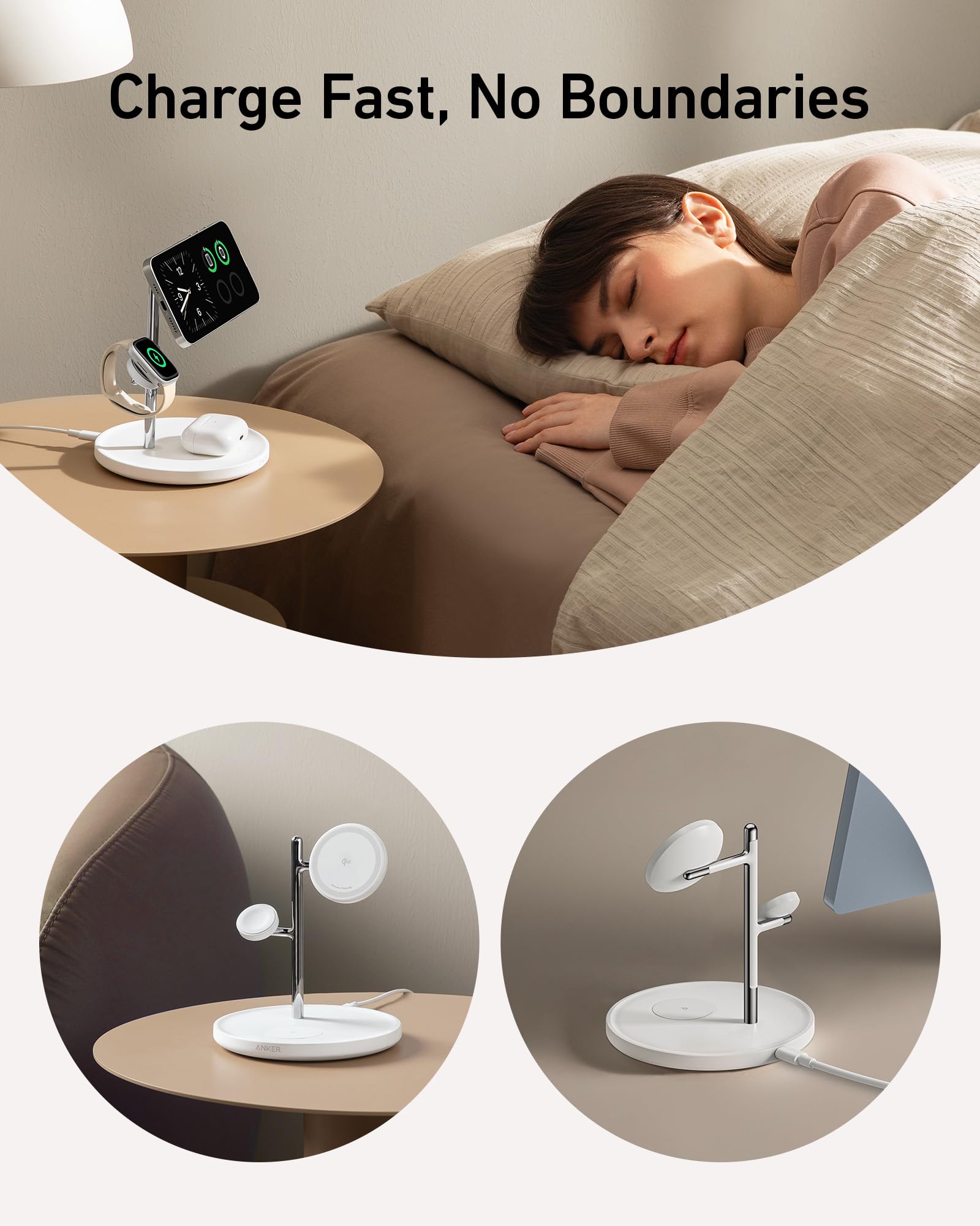Anker 3-in-1 Wireless Charging Station with MagSafe | Qi2 Certified 15W Fast Charging Stand for iPhone 15/14/13 Series, AirPods Pro & Apple Watch Ultra | Includes USB-C Cable | Perfect for Home, Office & Travel Charging
