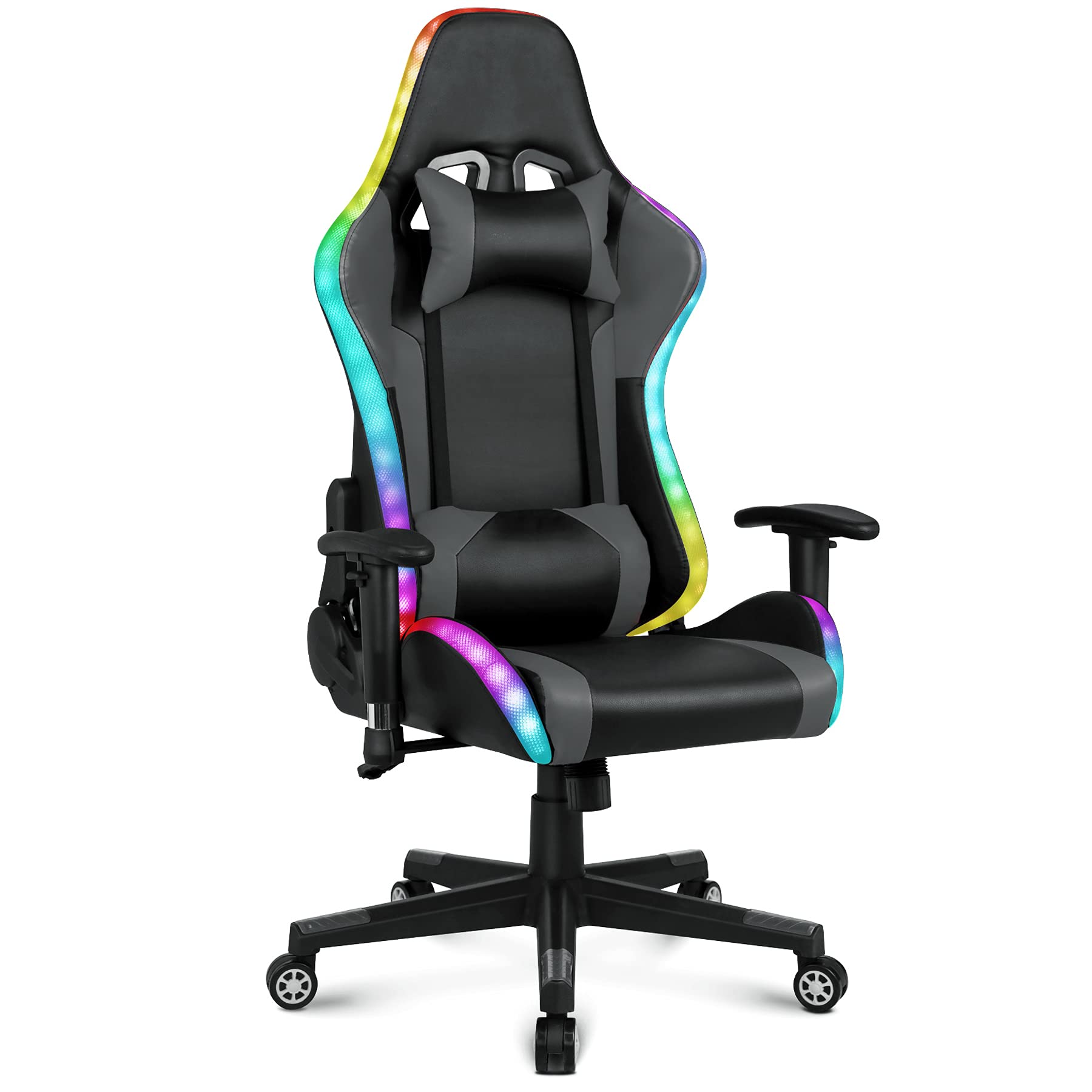 Premium Ergonomic Gaming Chair with Built-in Speakers & RGB LED Lights - PU Leather Racing Office Chair with Lumbar Support, Headrest & Adjustable Armrests - Perfect for PC Gaming, Esports & Home Office (Black)