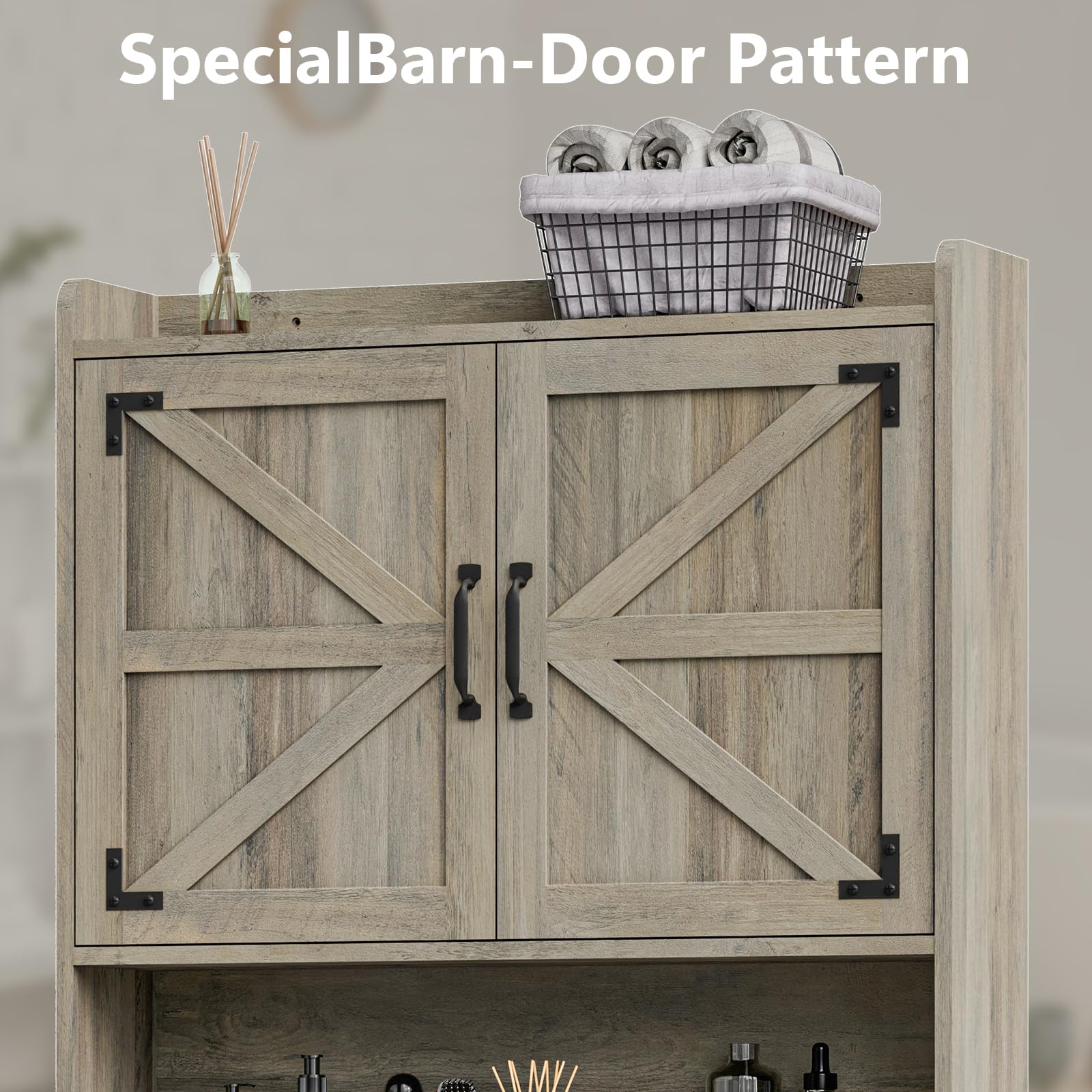 Farmhouse Style Over The Toilet Storage Cabinet with 2 Barn Doors & Toilet Paper Holder - Space Saving Bathroom Organizer for Toiletries, Towels & Essentials - Perfect for Small Bathrooms, Powder Rooms & Restrooms