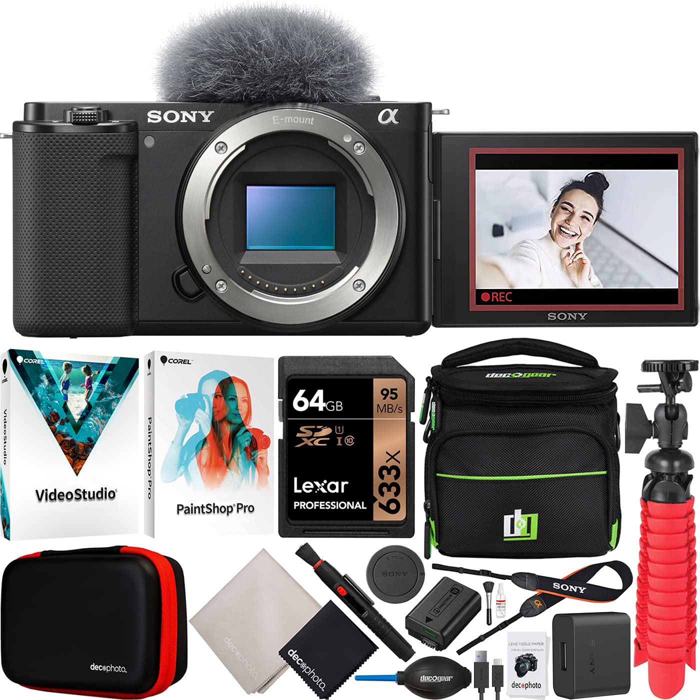 Sony ZV-E10 Mirrorless Vlog Camera (Black) with APS-C Sensor & Interchangeable Lens - Includes Deco Gear Case, Tripod, Photo Software & Accessories Kit - Perfect for YouTube Content Creation, Travel Vlogging & Photography