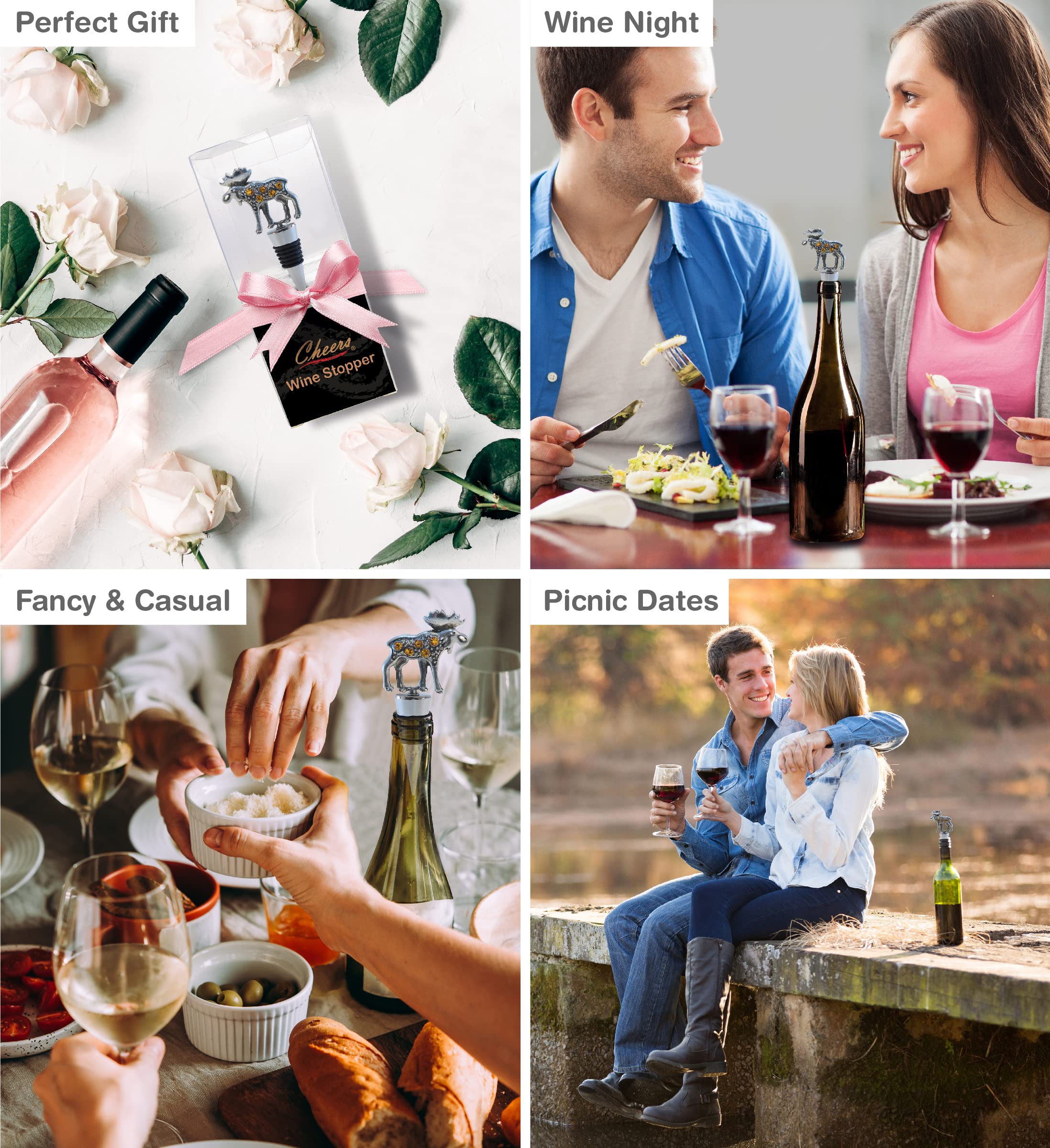 Cheers Moose Metal Wine Stopper - Elegant Vacuum Seal Reusable Elk Wildlife Animal Wine Bottle Stopper, Airtight Leak Proof Cork Plug for Red/White Wine - Perfect for Home Bar Decor, Wine Lover Gifts & Dinner Party Accessories
