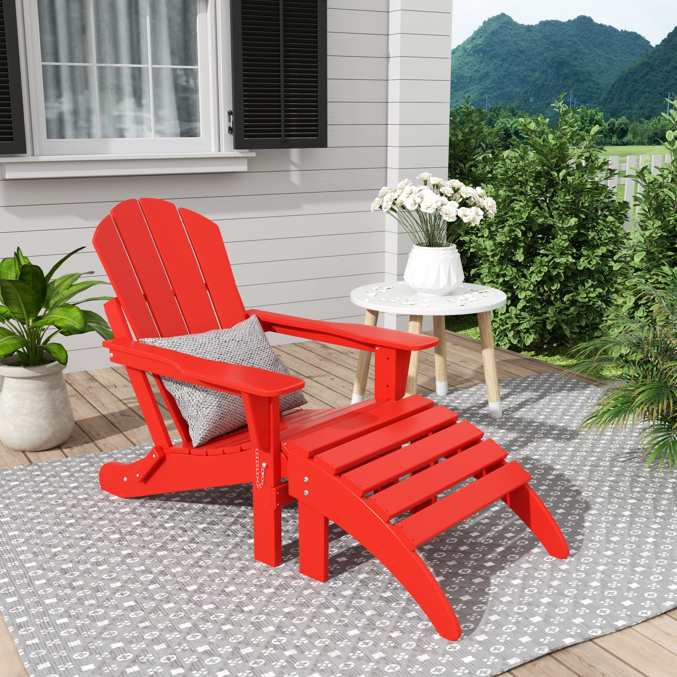 WestinTrends Malibu 2-Piece Outdoor Adirondack Chair Set with Ottoman - All-Weather Poly Lumber Folding Patio Chairs for Poolside, Garden, Backyard & Beach Relaxation - Durable Red Lounge Furniture for Outdoor Living Spaces