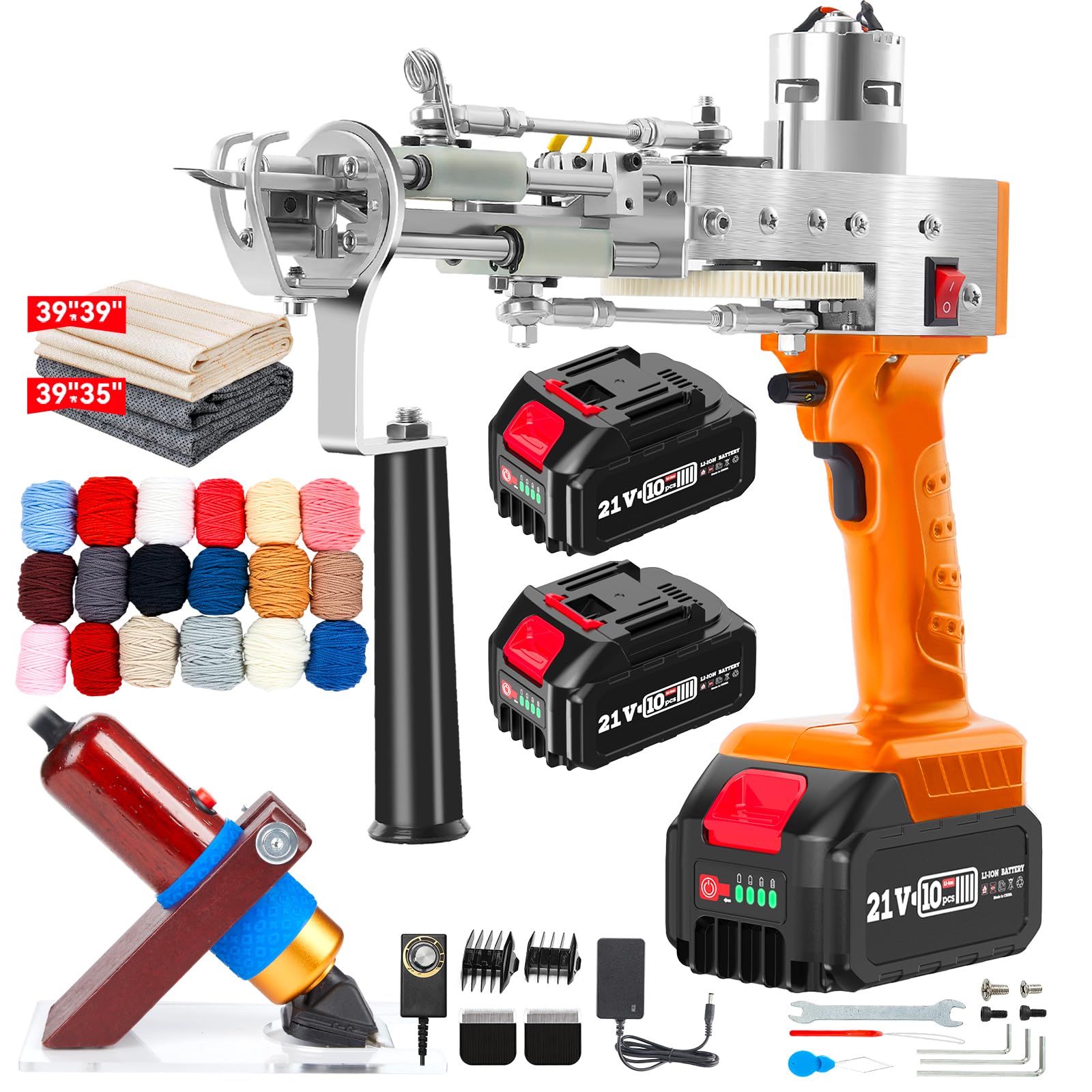 BESGEER 2024 Cordless Rug Tufting Gun Kit with Carpet Trimmer - 2 in 1 Cut Loop Pile Tufting Gun, 2pcs 2.0Ah Batteries, Tufting Shears & Carpet Cloth Yarn (Orange 4000) - Perfect for DIY Home Decor, Handmade Rugs, and Craft Projects