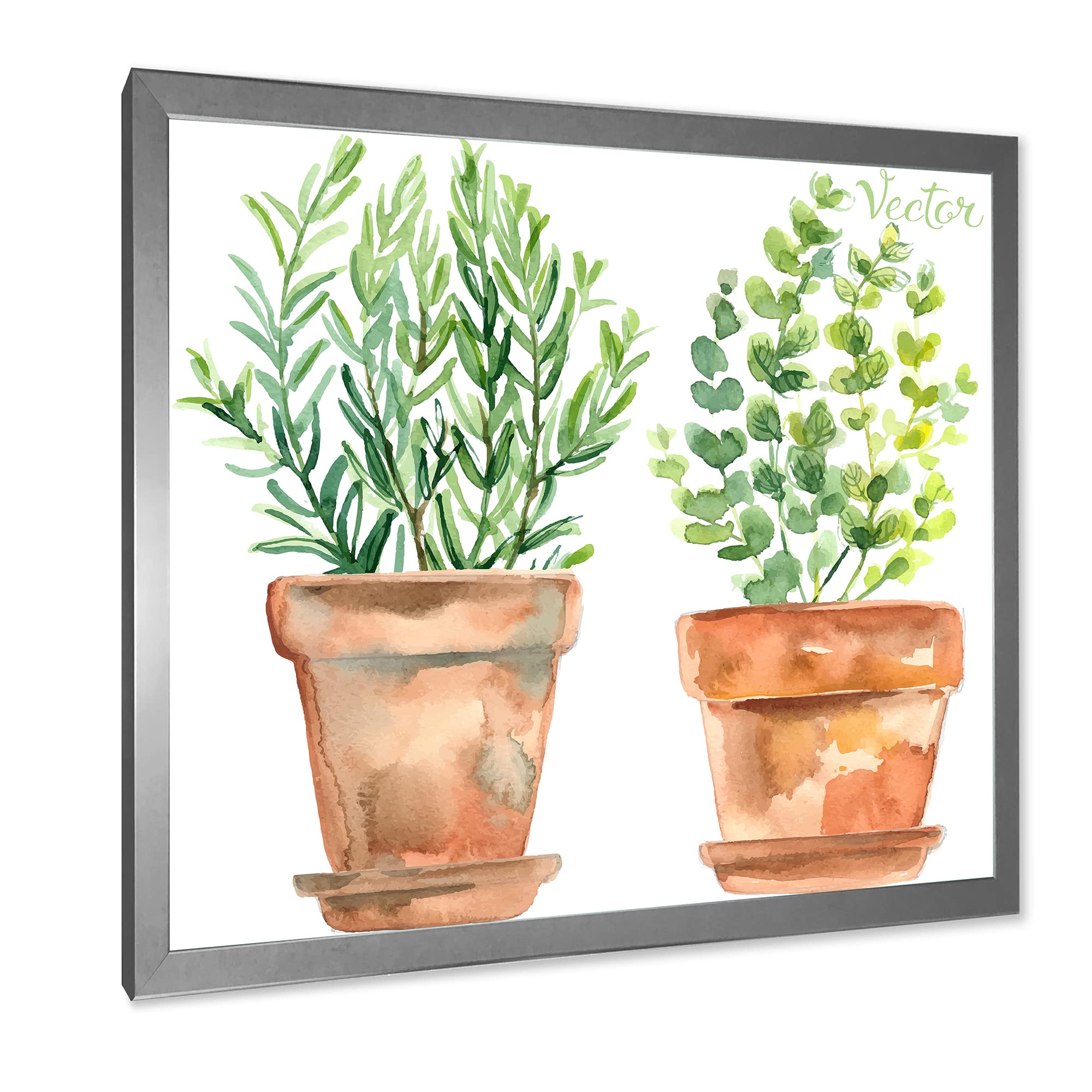 DesignQ Two Green House Plants in Orange Flower Pots - Traditional Framed Wall Art Decor for Living Room, Bedroom & Office