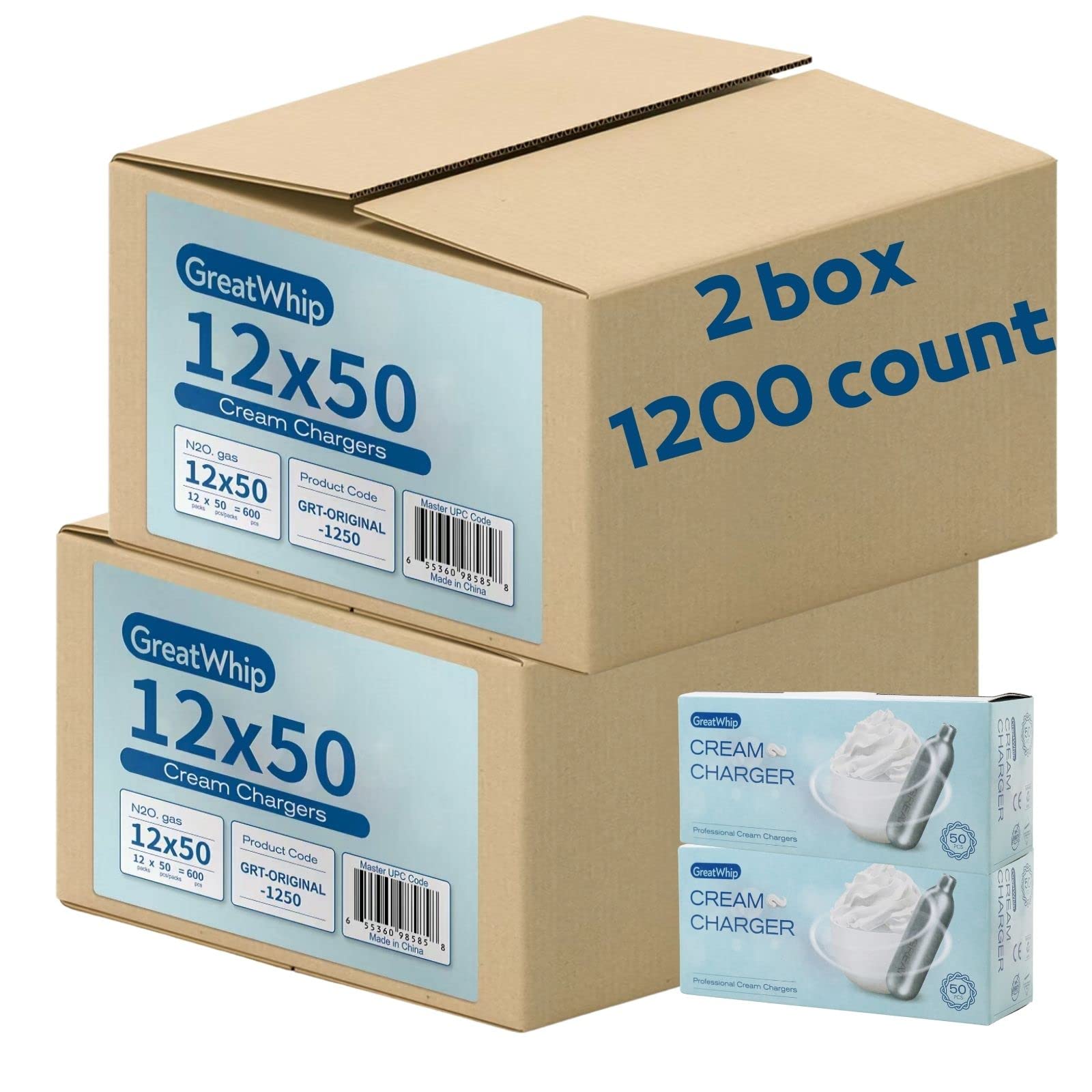 GreatWhip Whipped Cream Chargers - 1200 Count (2 Boxes) 8.2g N2O Cartridges for Cream Dispensers - Perfect for Baking, Desserts & Coffee Toppings