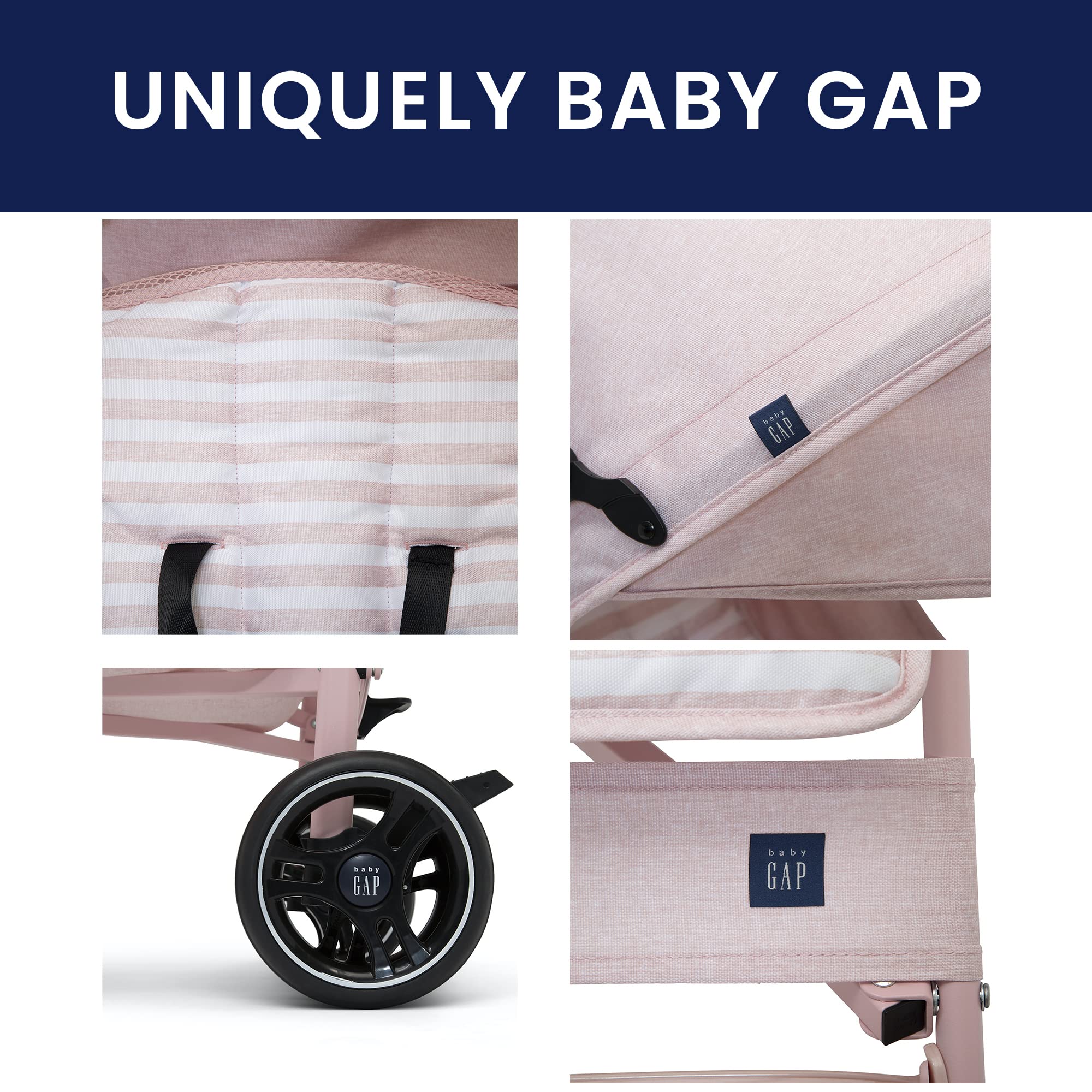 BabyGap Classic Lightweight Stroller with Recline - Compact Foldable Travel Stroller with Removable Parent Organizer - Eco-Friendly Sustainable Baby Stroller in Pink Stripes - Perfect for Newborns, Toddlers & Air Travel