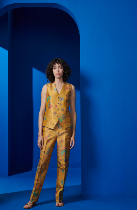 Azad Trousers - Women's Silk Brocade Pants in Mustard Yellow | Elegant Lounge Wear & Special Occasion Outfit