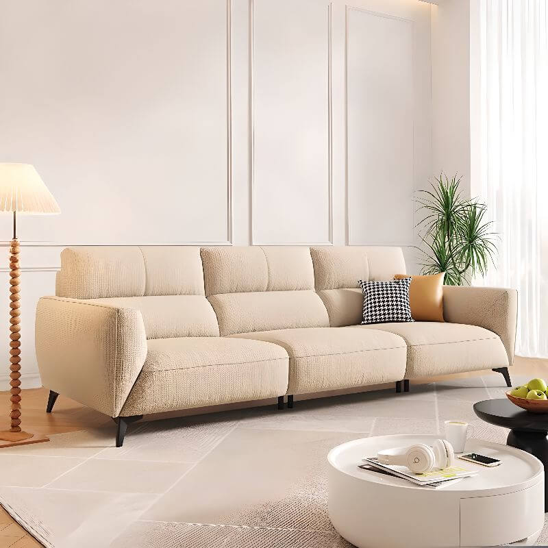Trendy Stain-Resistant Ivory Solid Color 3-Seater Sofa with 3 Pillows - Perfect for Living Room, Lounge & Home Decor