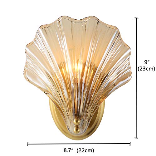 LITFAD Clear Shell Shape Wall Sconce Light - 1-Light Modern Fluted Glass Metal Wall Lamp with Copper Finish - Perfect for Bedroom, Living Room, Restaurant & Hotel Lighting Decor