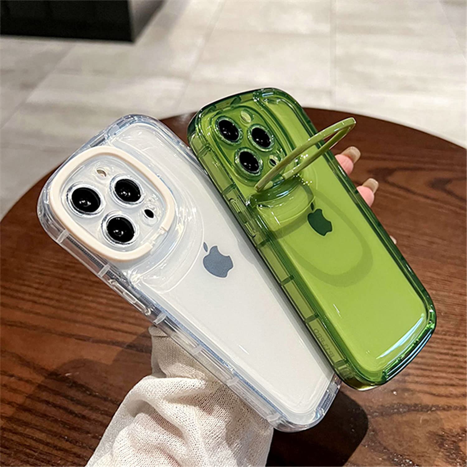 Ownest Clear Kickstand Shockproof iPhone 12 Pro Max Case - Slim TPU Protective Cover with Camera Holder & Creative Design | Perfect for Outdoor Activities, Travel & Daily Use (Green)