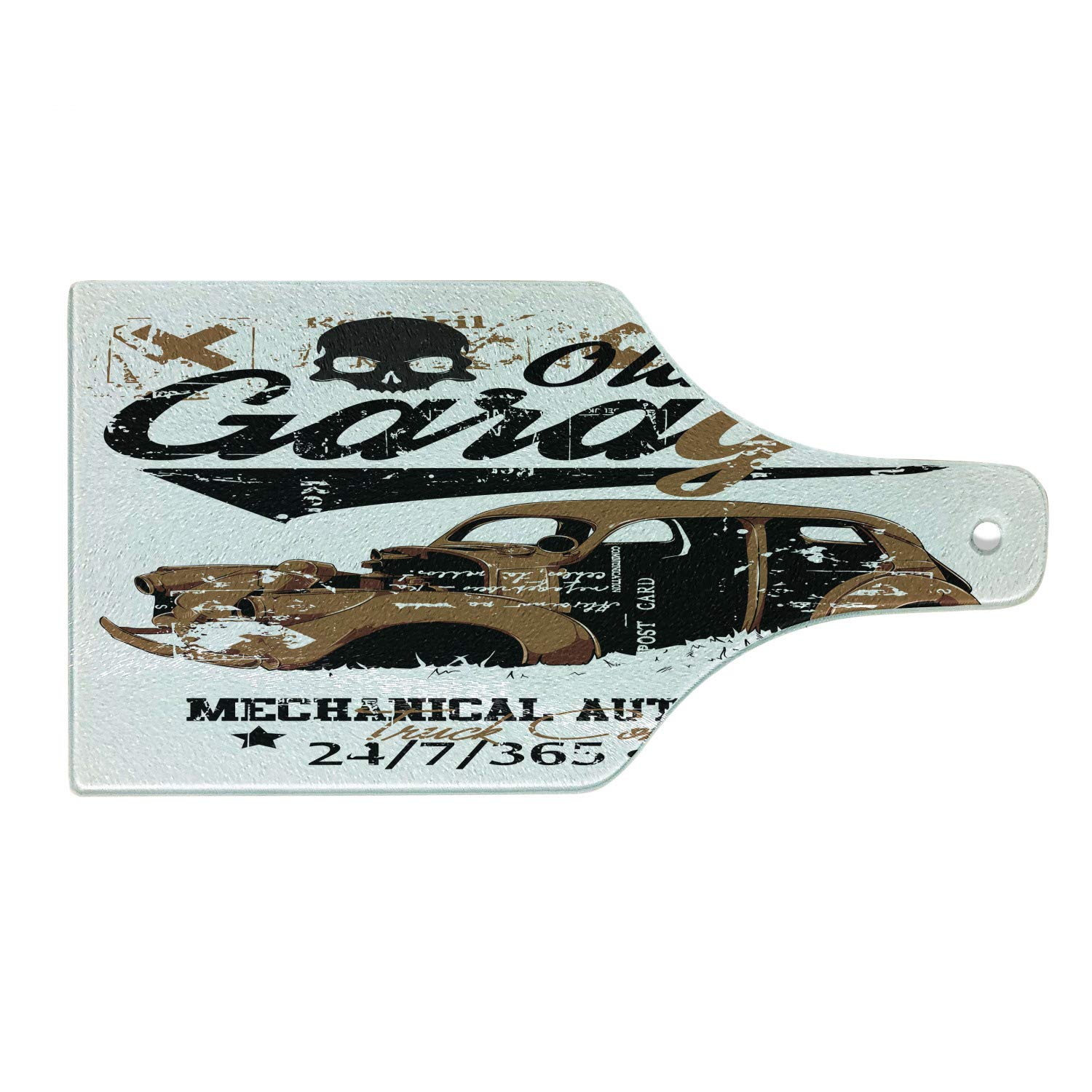 Ambesonne Vintage Car Themed Tempered Glass Cutting Board - Old Garage Auto Repair Truck Skull Grunge Design - Decorative Serving Board for Cheese, Charcuterie & Wine - Perfect for Kitchen, Dining & Party Entertaining