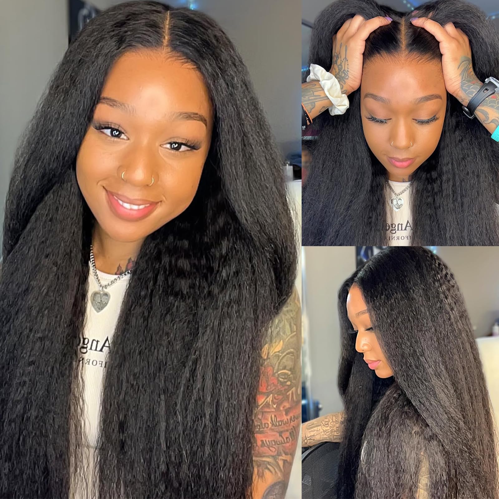 28Inch Kinky Straight Human Hair Lace Front Wig - Pre Plucked with Baby Hair, Natural Black Color, Yaki Straight Texture for Women - 13x6 HD Transparent Lace, 180% Density - Perfect for Daily Wear, Cosplay, and Special Occasions