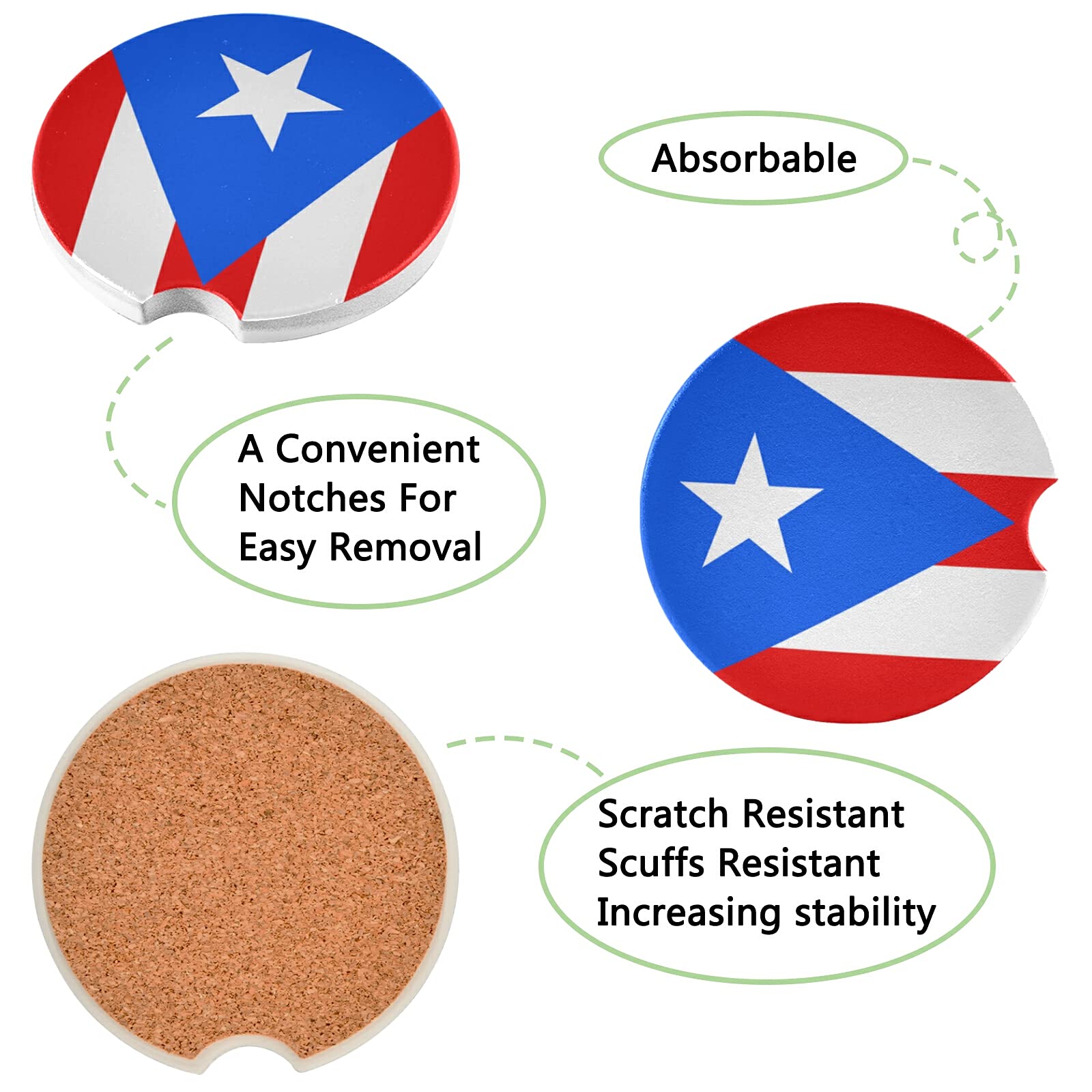 2 Pack Puerto Rico Flag Car Coasters - Absorbent Drink Coasters for Cars - Cute Car Accessories for Women - Perfect for Road Trips & Daily Commutes
