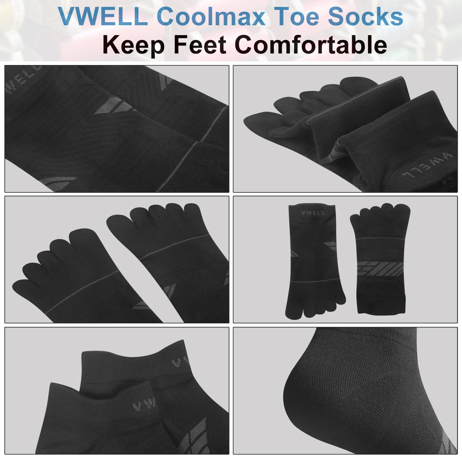 VWELL COOLMAX Five Finger Toe Socks for Men & Women - Breathable Compression Athletic Running Socks (3 Pairs) - Perfect for Yoga, Hiking & Sports Activities