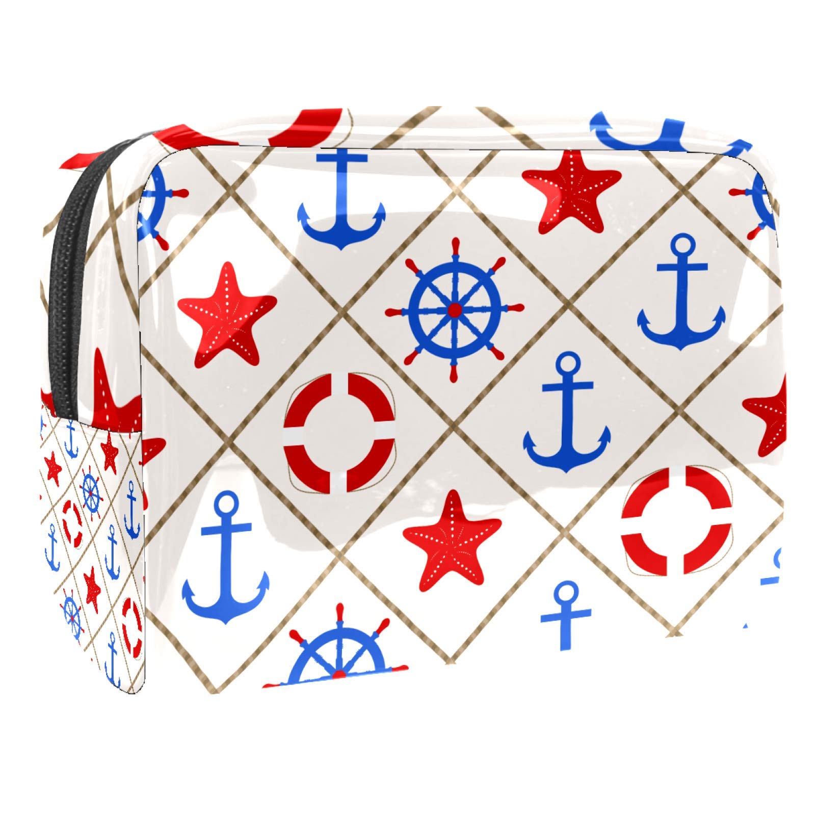 Small Waterproof Makeup Bag for Travel - Nautical Blue Anchor & Red Starfish Cosmetic Pouch - Perfect for Purse, Gym, Beach & Vacation Essentials