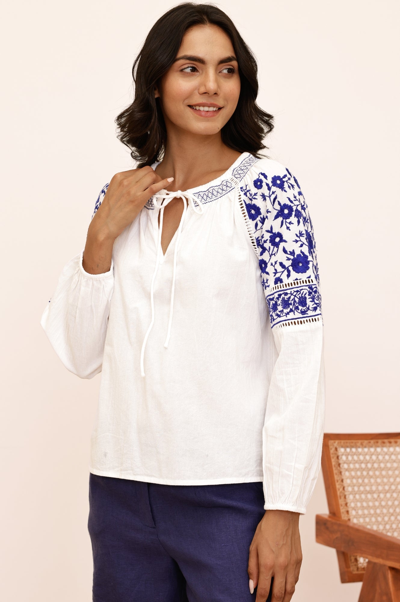 Ida Embroidered Top for Women - White & Cobalt Blue Floral Blouse | Perfect for Casual Wear, Office Outfits & Summer Fashion