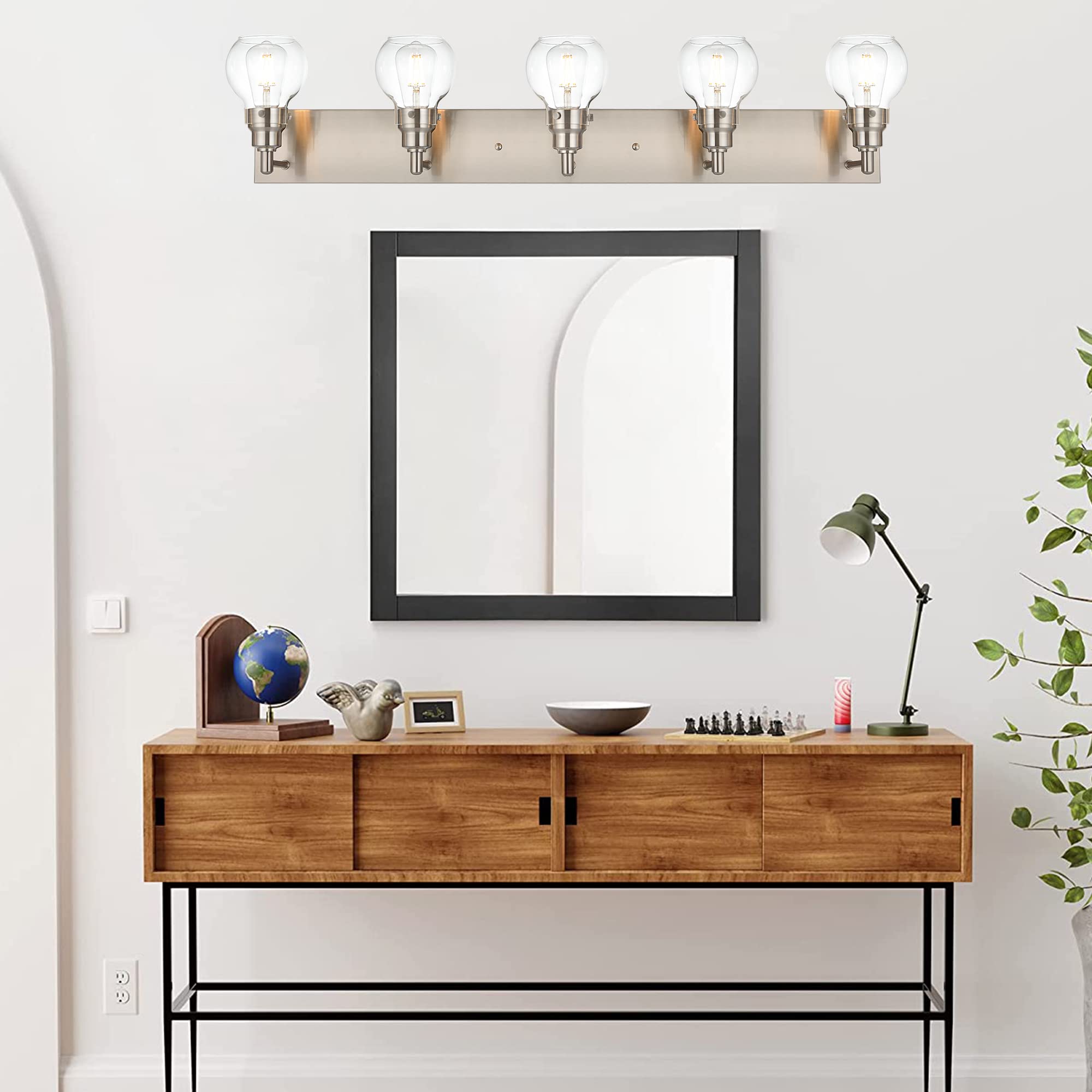 Brushed Nickel 5-Light Bathroom Vanity Lighting with Clear Globe Glass, E26 Base - Perfect for Mirror, Bath, Hallway & Indoor Wall Decor