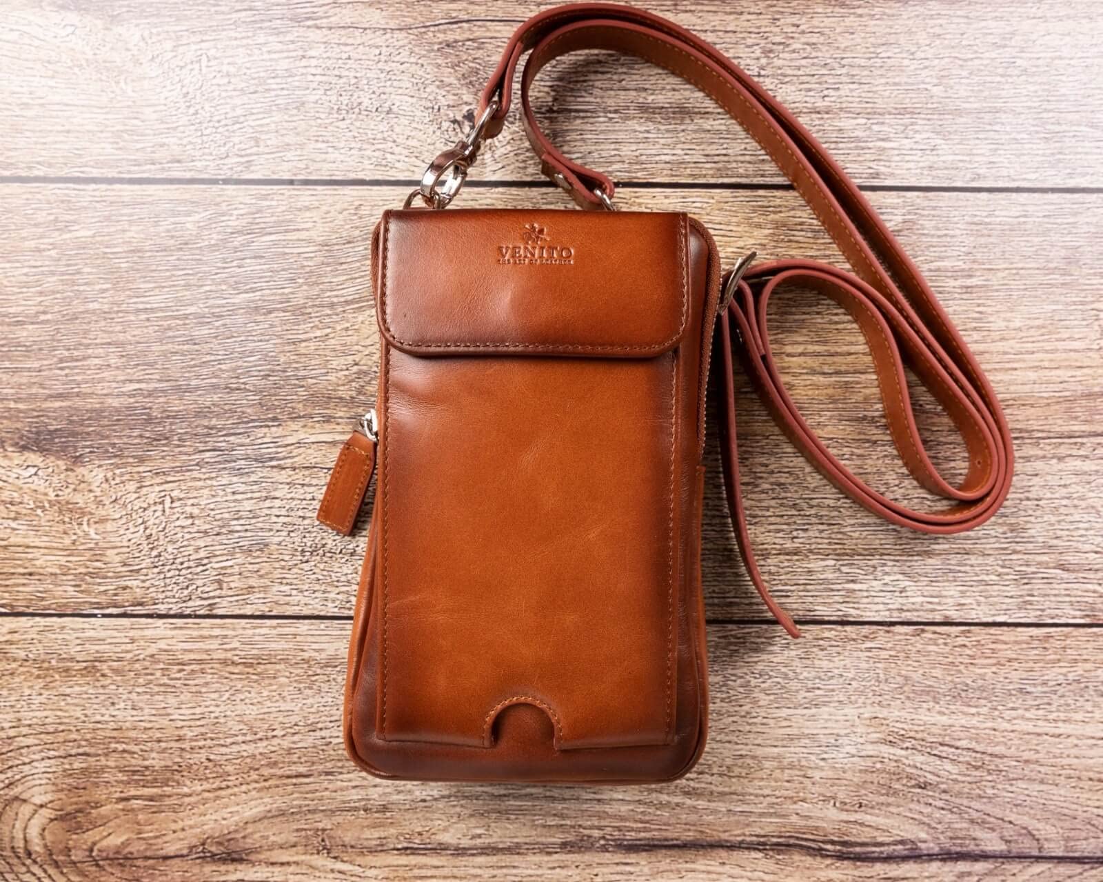 Venito Ferrara Premium Leather Unisex Crossbody Phone Purse Sling Bag - Antique Brown | Stylish & Durable for Travel, Shopping & Daily Use