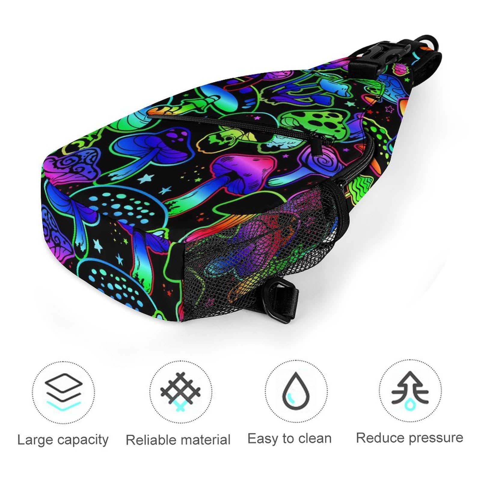 Anti-Theft Sling Bag for Women & Men - Gothic Hippie Neon Mushroom Chest Pack - Crossbody Shoulder Backpack for Hiking, Cycling, Travel & Outdoor Adventures