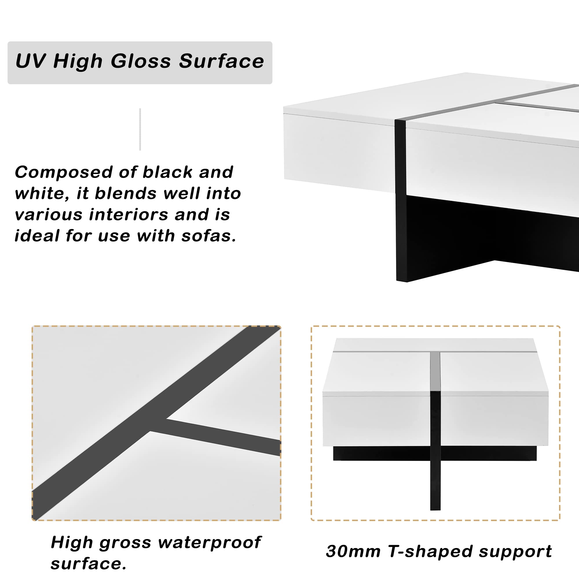 Polibi 45'' L Modern Rectangle Coffee Table with Large Storage Drawer - High Gloss White Cocktail Table for Living Room, Sofa Center Table - Perfect for Small Spaces, Entertaining Guests & Home Decor